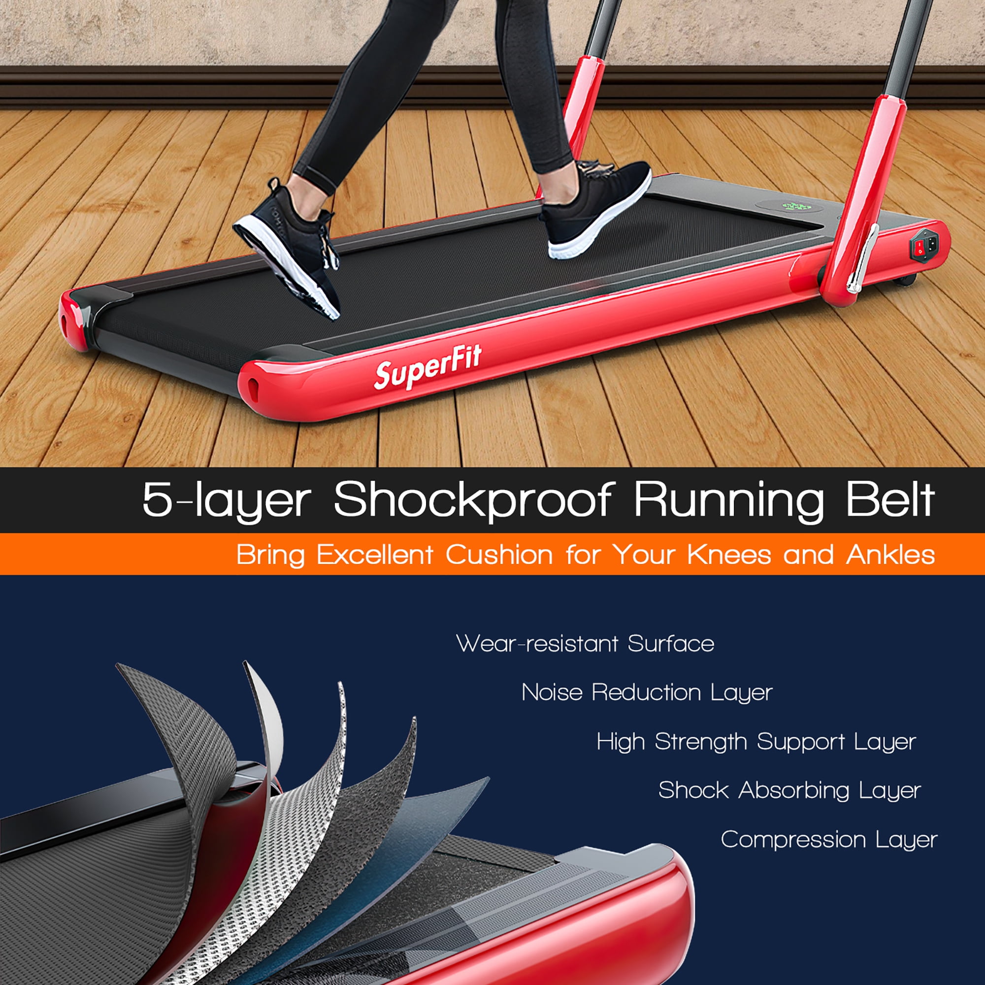 Superfit Up To 7.5MPH 2.25HP 2 in 1 Folding Under Desk Treadmill W/ Speaker Remote Control APP, Single Display Screen Red - Image 8