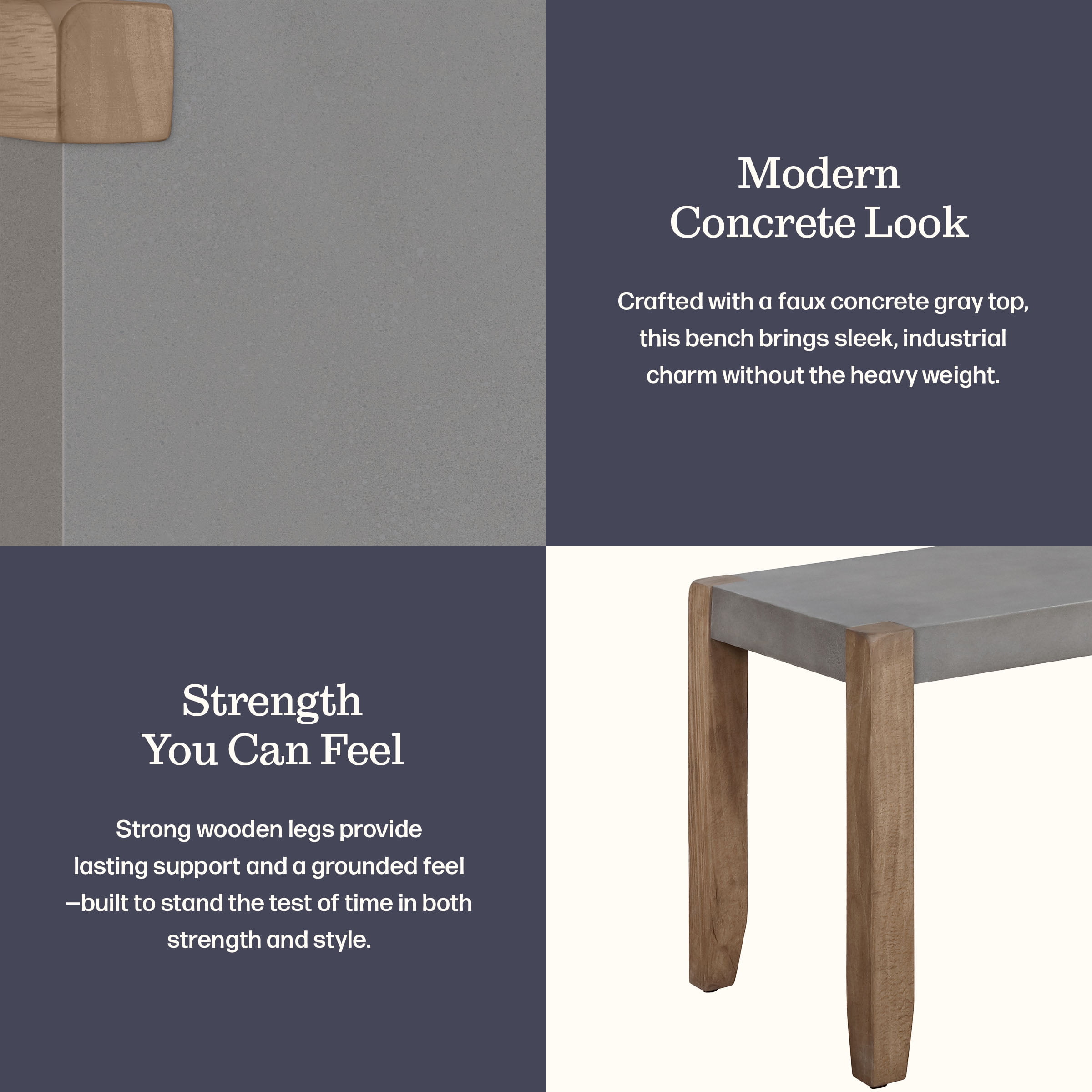 Alaterre Furniture Newport Bench with Faux Concrete Seat and Wood Legs - 40 Inch Entryway Bench with Rustic Industrial Design - Benches for Bedroom, Living Room, Dining Room, and Mudroom - Image 4