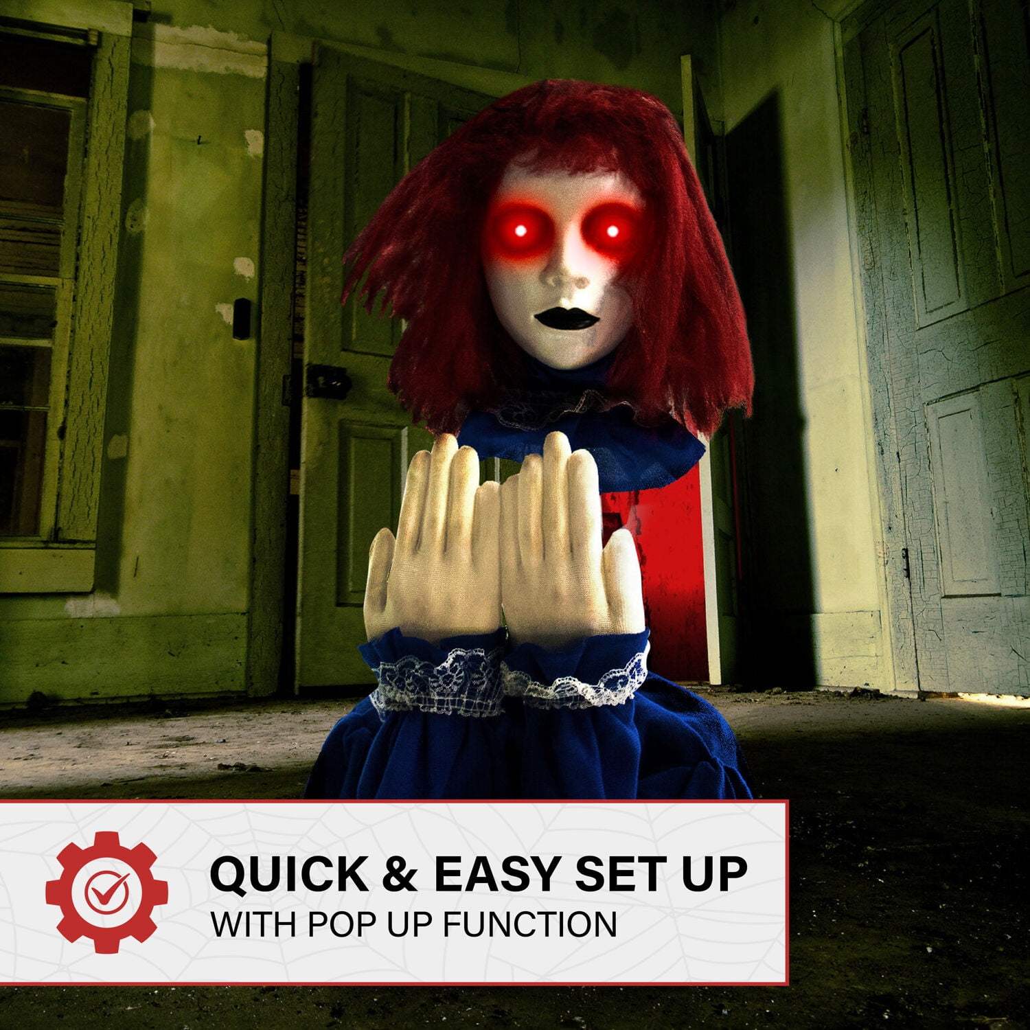 Haunted Hill Farm 27 in Pop-Up Animatronic Haunted Doll, Indoor/Outdoor Halloween Decoration, Red Flashing Eyes, Noises, Battery-Operated, HHFJGIRL-2LSA - Image 13