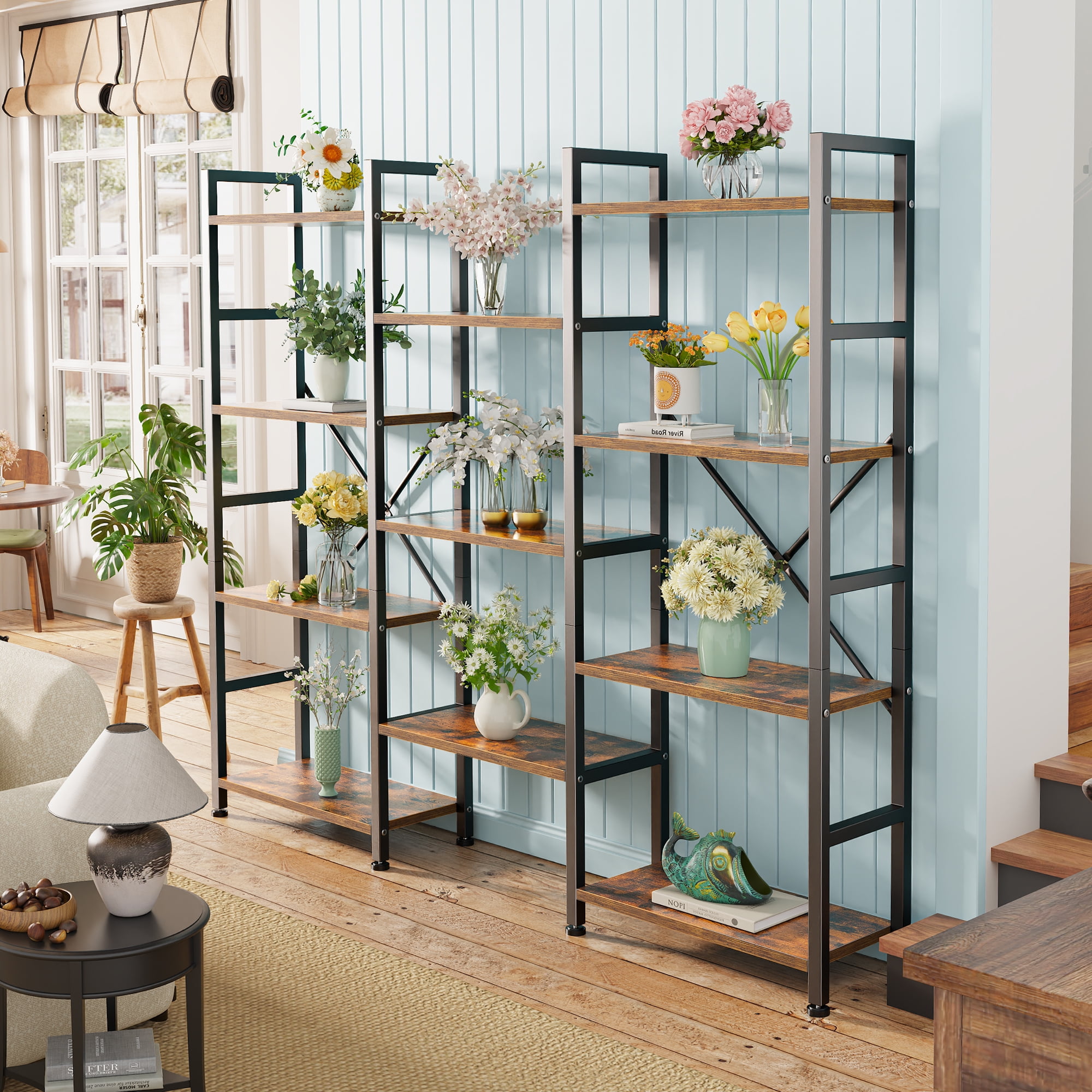 4 Tiers Industrial Bookcase and Bookshelf, Metal Wood 11 Display Shelves, Large Book Shelf for Living Room, Storage Shelf Organizer, Book Case in Brown - Image 9