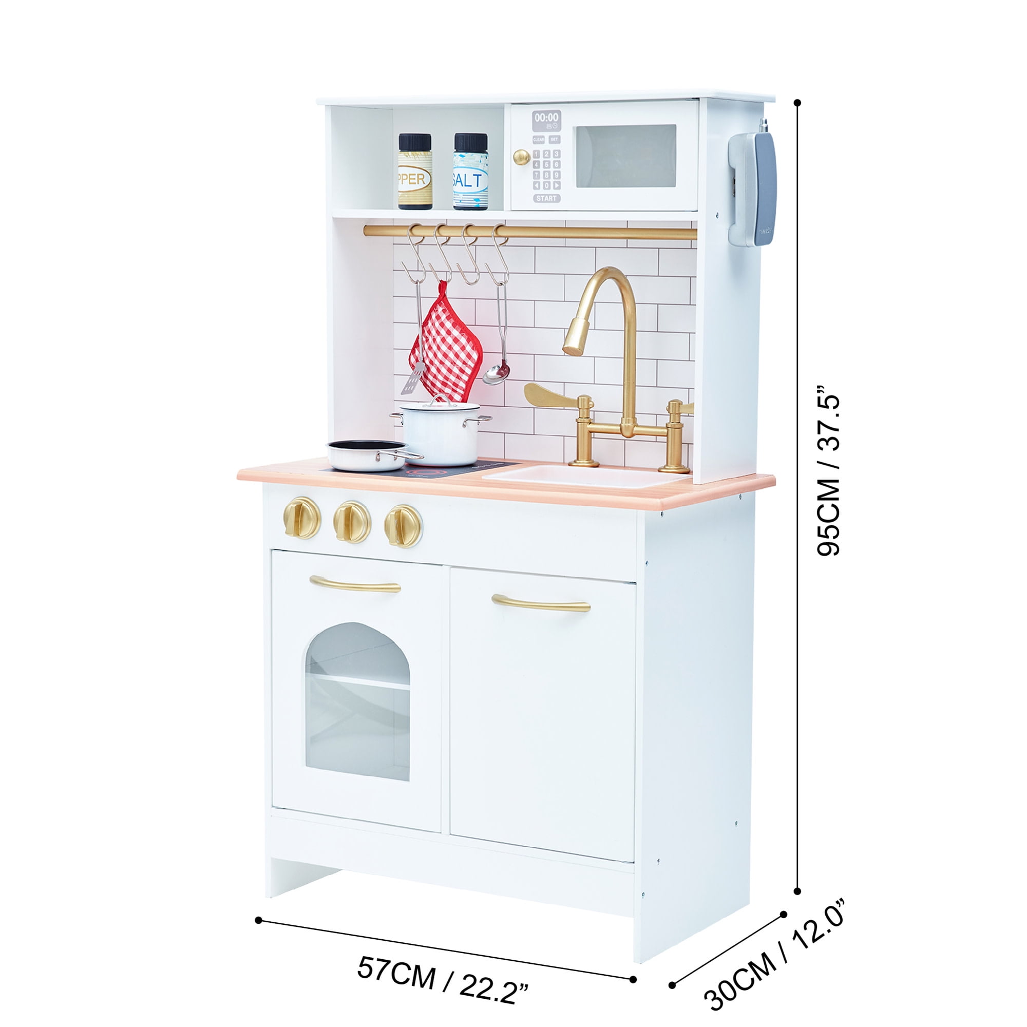 Teamson Kids Little Chef Boston Wooden Play Kitchen, 9 Pcs Acc Set, Oven, ,Sink, Interactive Features, White/Gold - Image 6