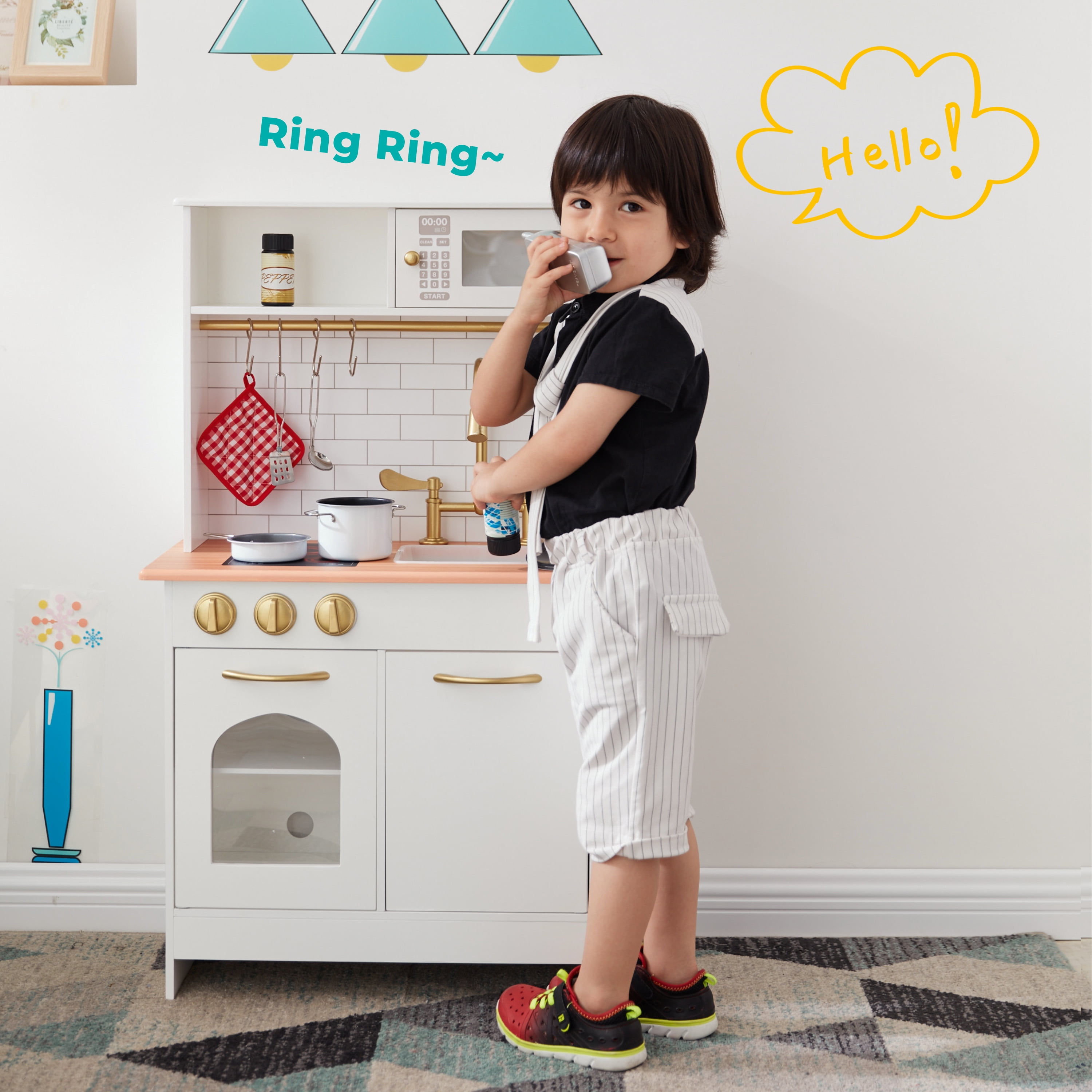 Teamson Kids Little Chef Boston Wooden Play Kitchen, 9 Pcs Acc Set, Oven, ,Sink, Interactive Features, White/Gold - Image 8