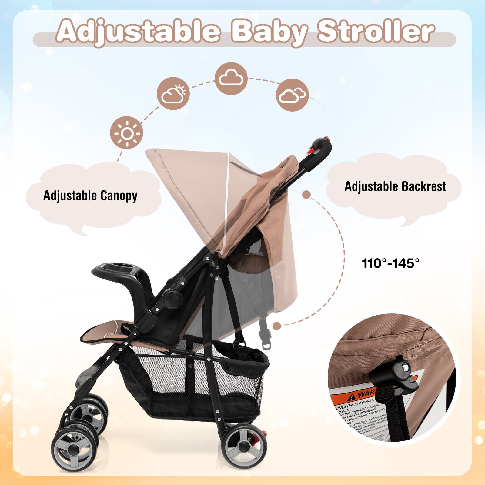 Costway Foldable Lightweight Baby Stroller Travel Pushchair 0-36 Months Age Group 13 lbs Coffee - Image 3