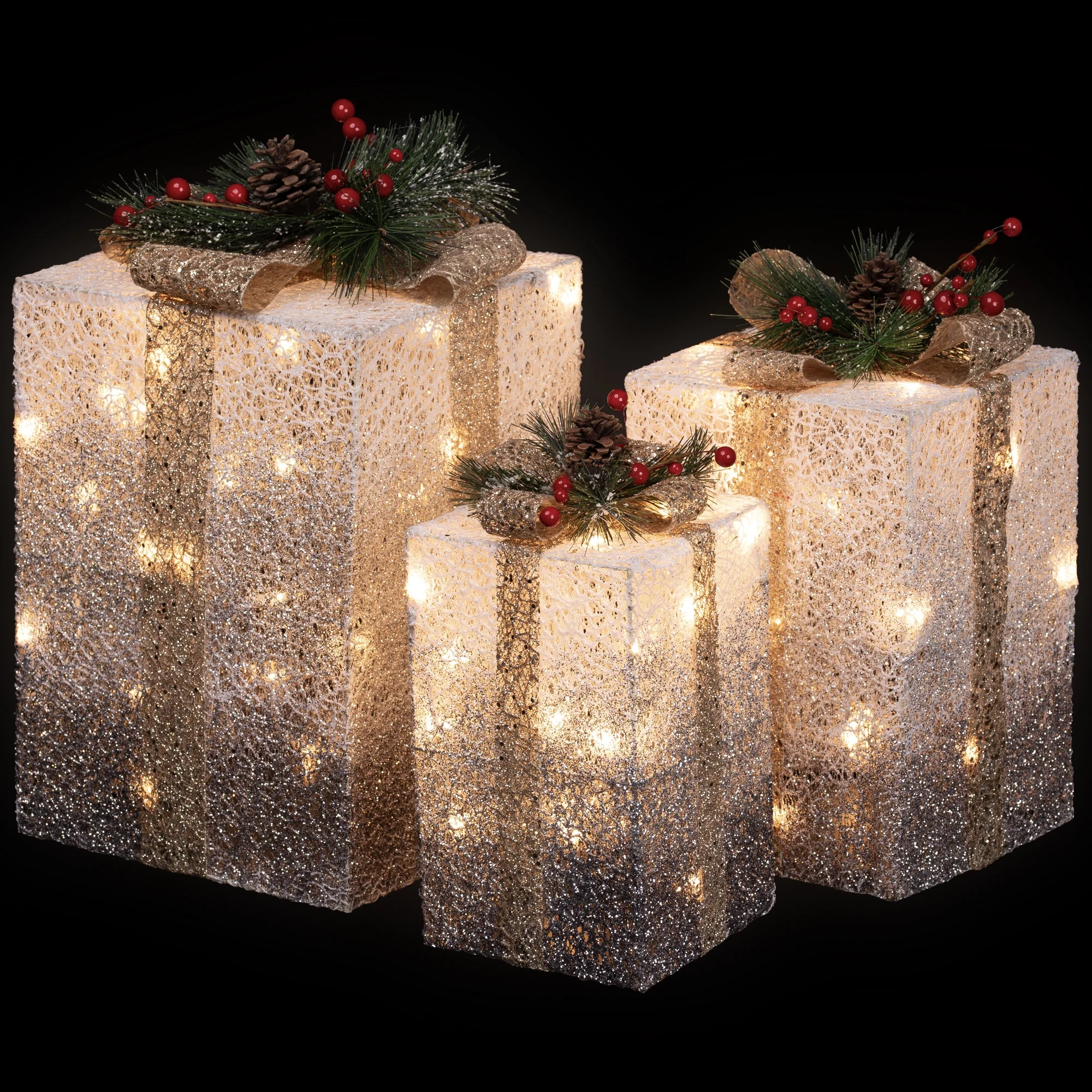 Northlight Set of 3 Silver Mesh Glittered Gift Boxes Outdoor Decorations - Image 3