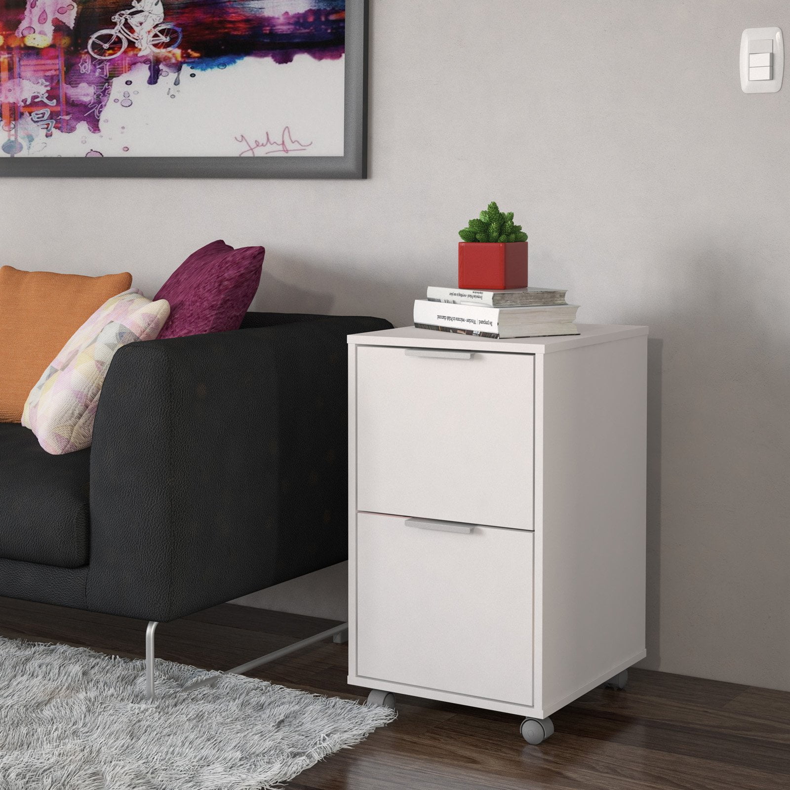 Polifurniture Durban Two Drawer Mobile Wood File Cabinet, White - Image 6