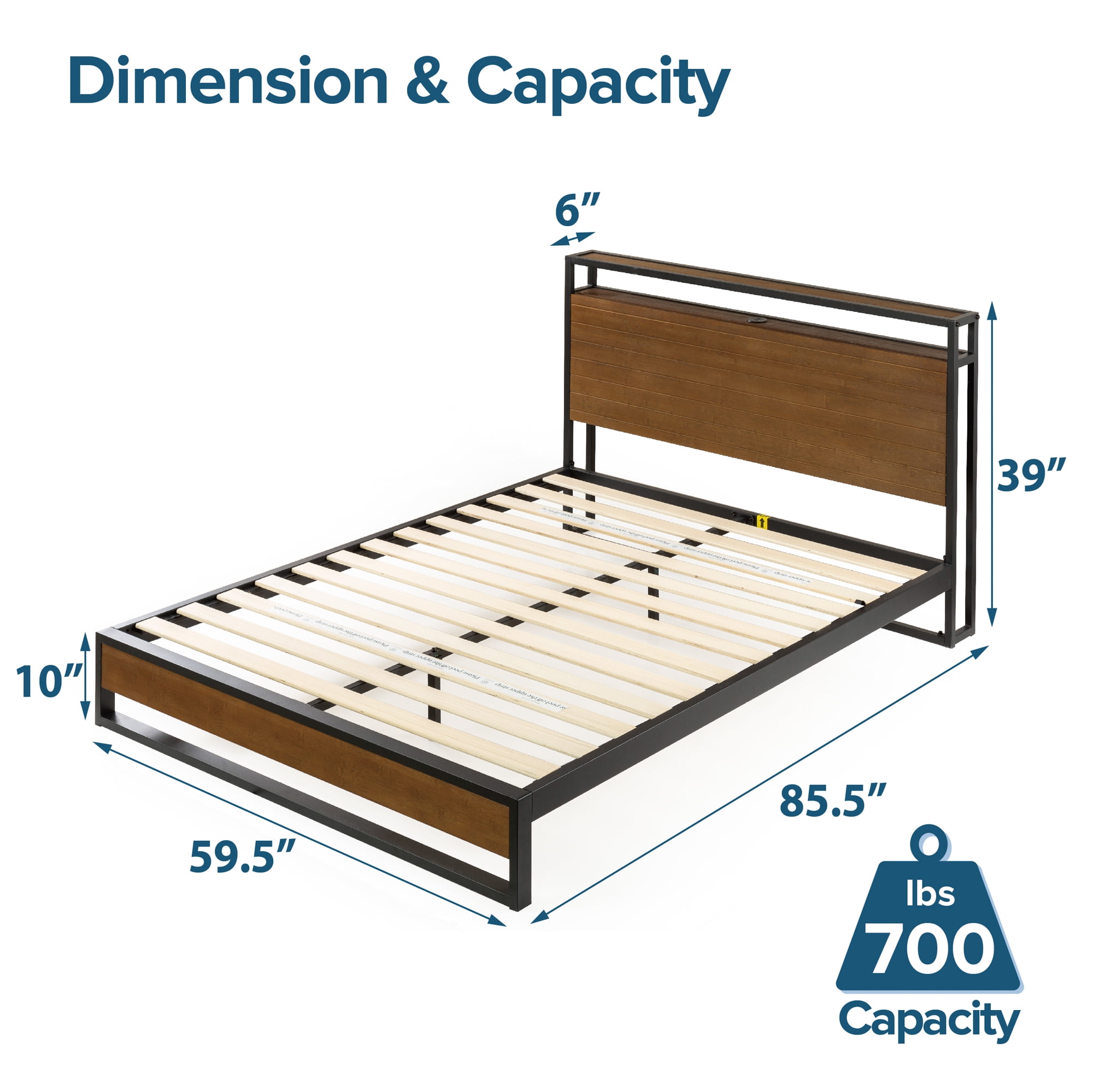 Zinus Suzanne 39" Bamboo and Metal Platform Bed Frame with Shelf and USB Ports, Adult, Queen - Image 9