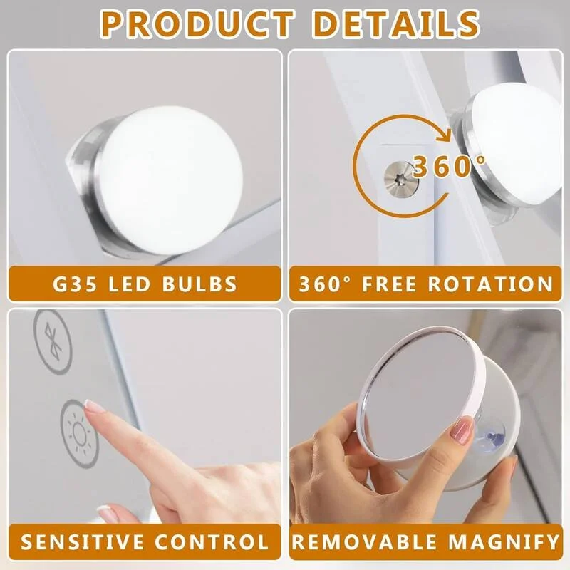 VANITII LLC VANITII Hollywood Vanity Makeup Mirror with 12 LED Bulbs Wireless Charging Bluetooth Metal White - Image 3