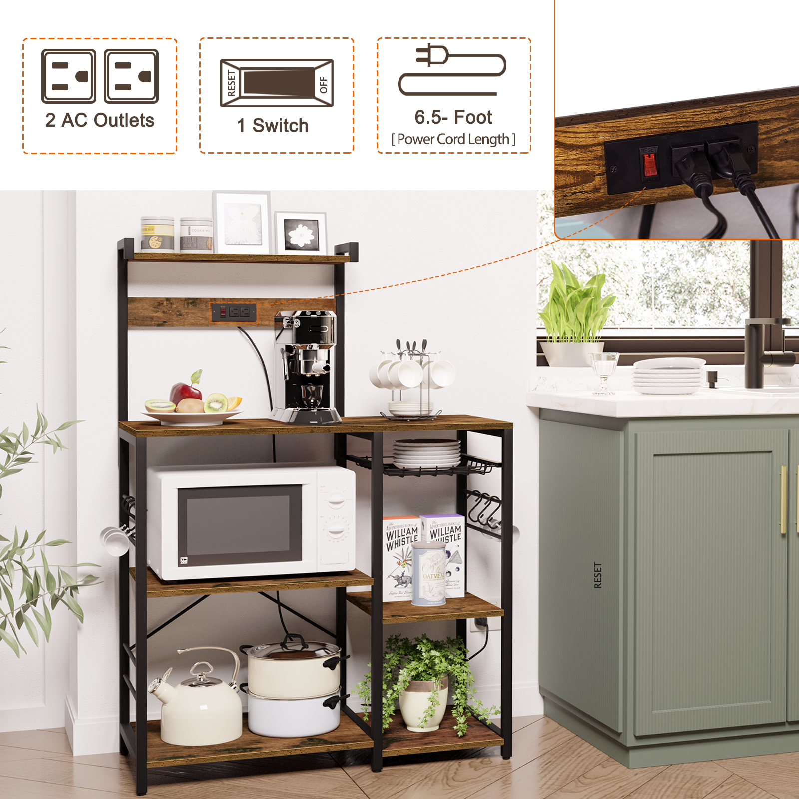 4 Tiers Bakers Rack with Power Outlets, Coffee Bar Table with 6 Hooks, Wood Microwave Stand with Wire Basket, Kitchen Storage Shelf, Kitchen Rack in Brown - Image 3