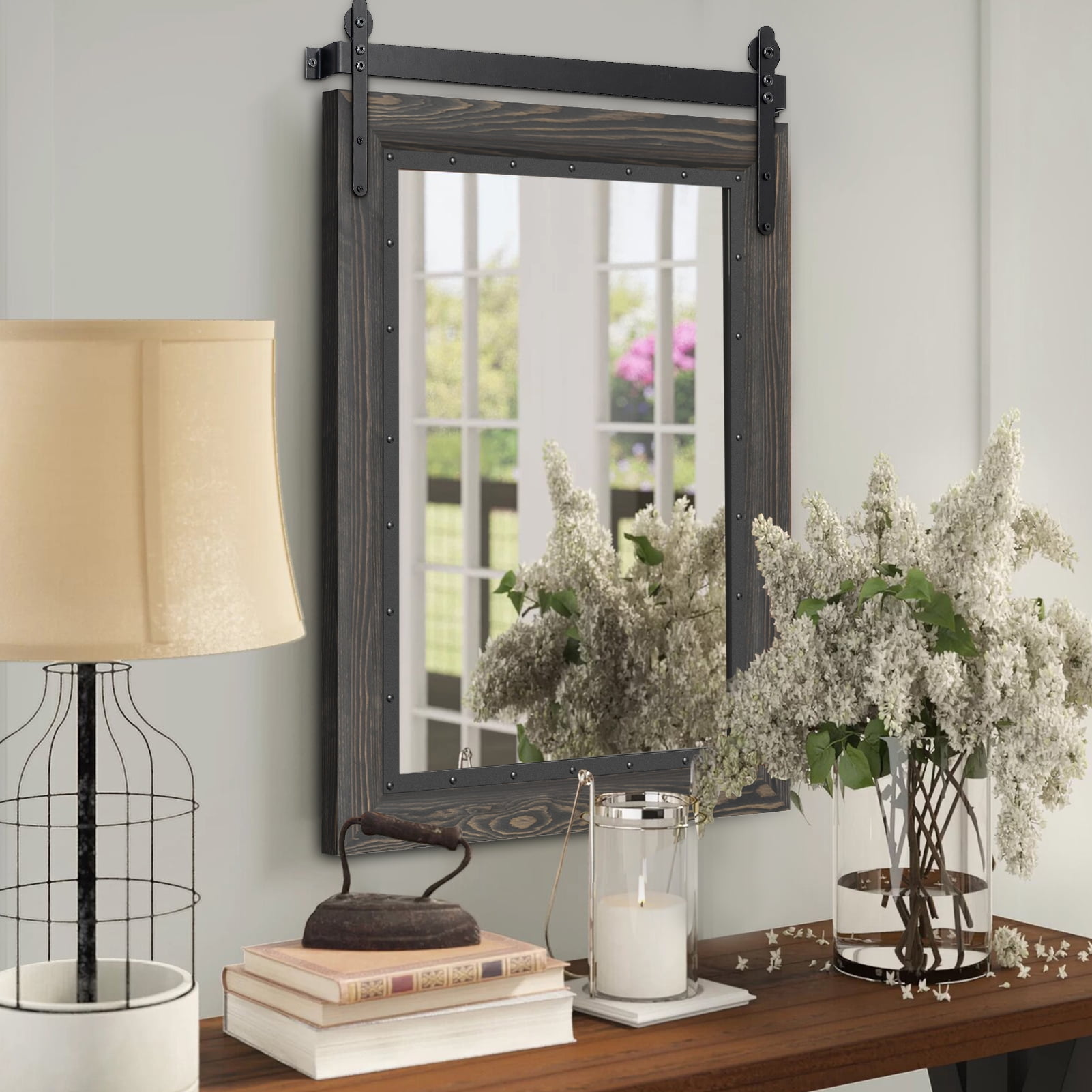 YOSHOOT Farmhouse Barn Door Mirror,32"x24" Rustic Bathroom Mirror, Wood Frame Wall Mirror, Wooden Mirror for Living Room Bedroom Entryway Wall Décor,Black - Image 3