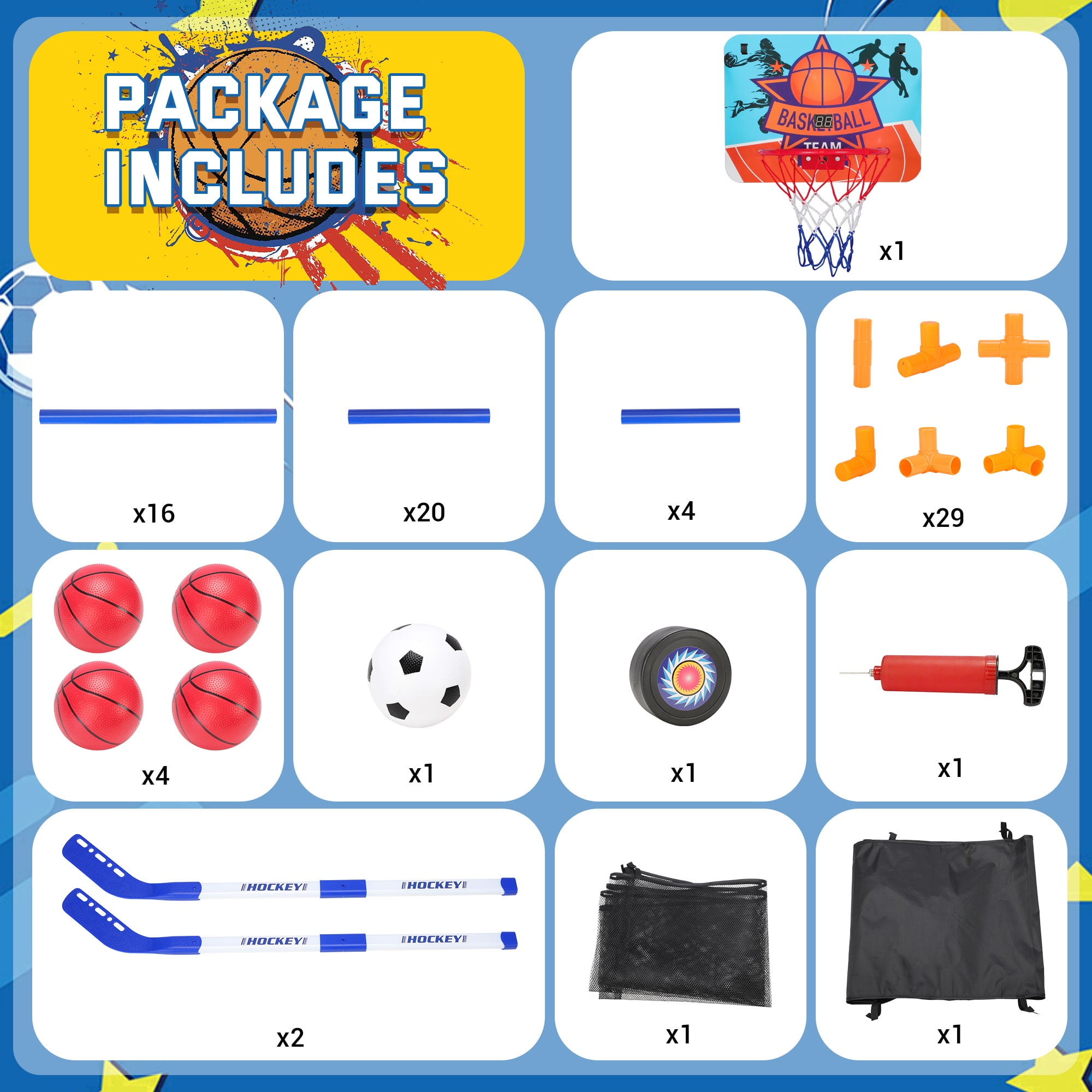 3 in-1 Kids Arcade Basketball Game & Hockey & Soccer, With 4 Basketball Balls, Football, Hockey, Hockey Stick, Pump, Electronic Scoreboard Sound for Toddlers, Basketball Goal for Kids Boys Girls - Image 4