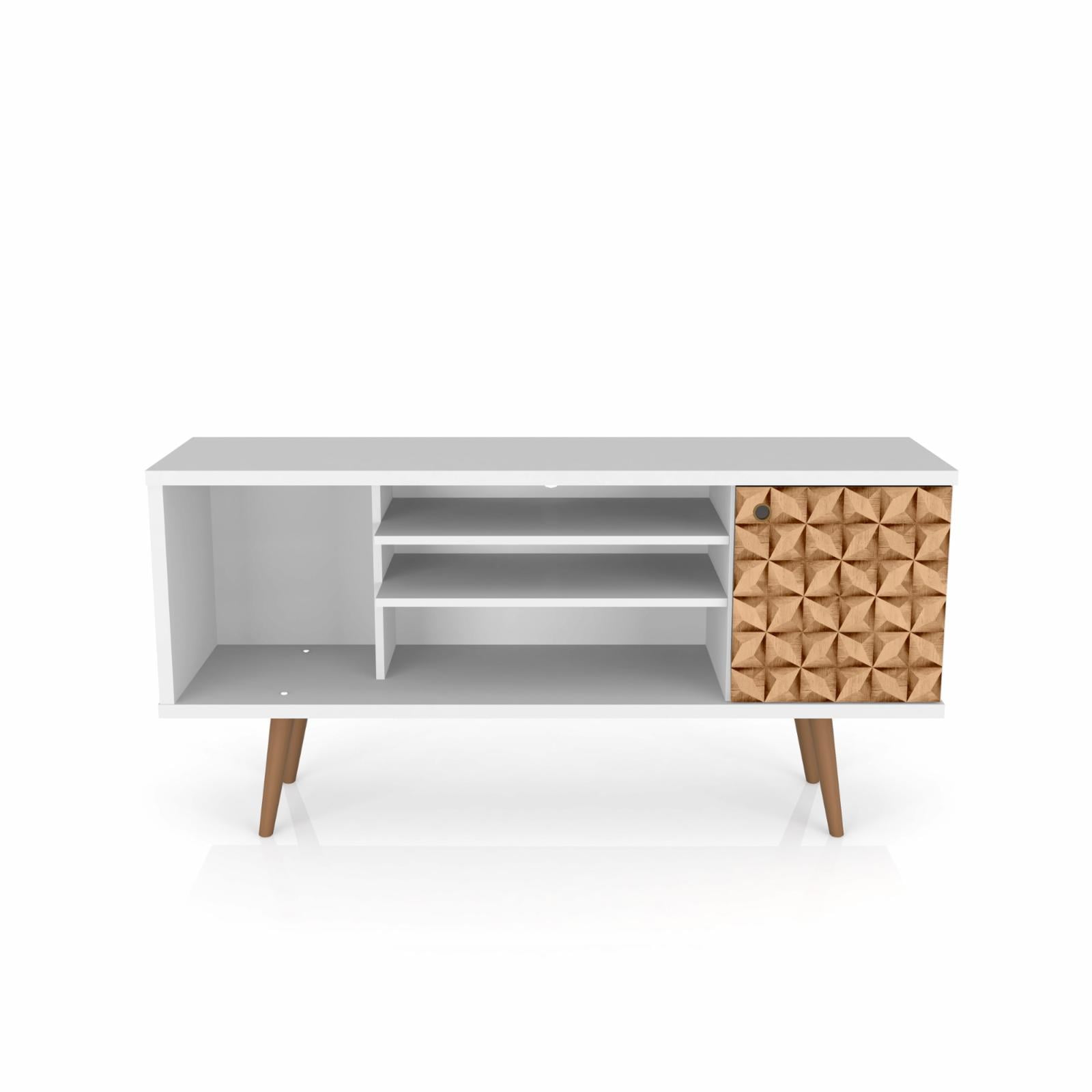 53.14" Mid Century - Modern TV Stand with 5 Shelves and 1 Door, White and Brown - Image 5