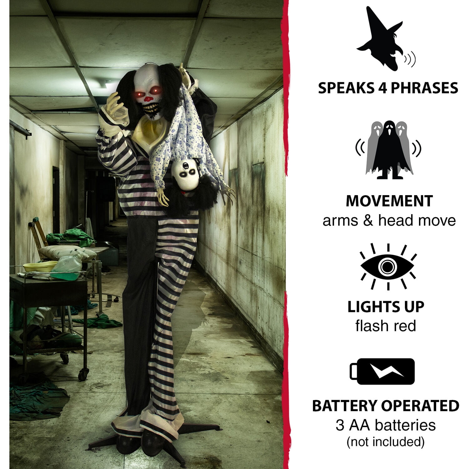 Haunted Hill Farm 6 ft Animatronic Clown with Doll, Life-Sized Halloween Prop, HHCLOWN-10FLSA - Image 13