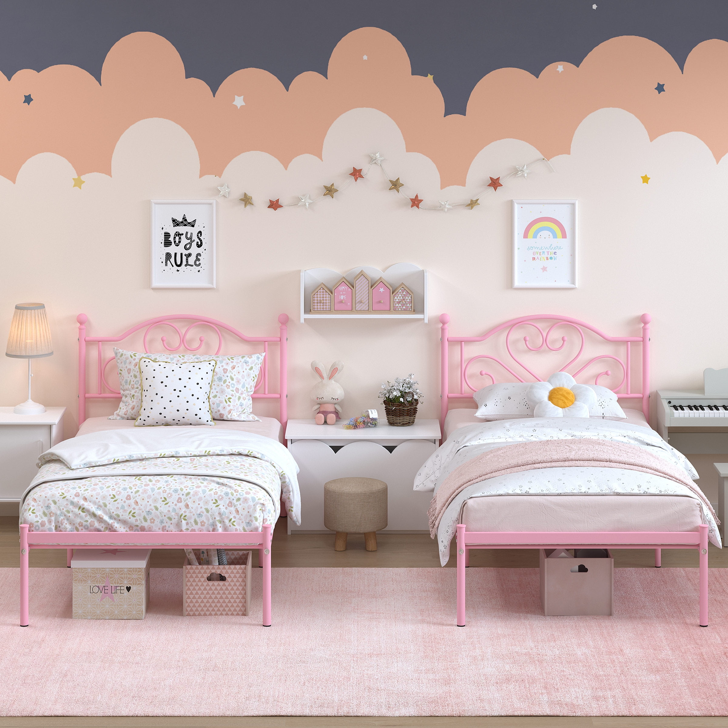 Yoneston 12” Twin Heavy Duty Metal Platform Bed Frame with Love-Heart Shape Headboard for Girls Bedroom Furniture, Pink - Image 5