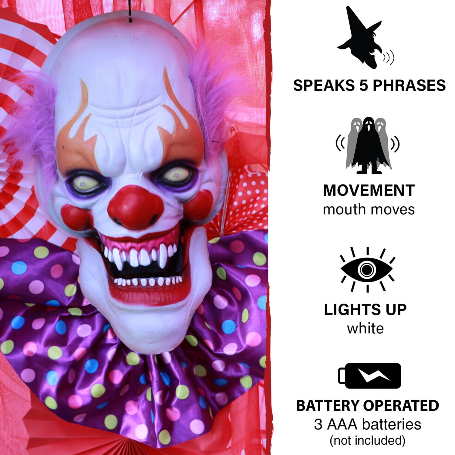 Haunted Hill Farm 20-In. Hanging Talking Clown Head, Touch-Activated with Voice Greetings, Halloween animatronic outdoor, HHDHCLOWN-3LSA - Image 5