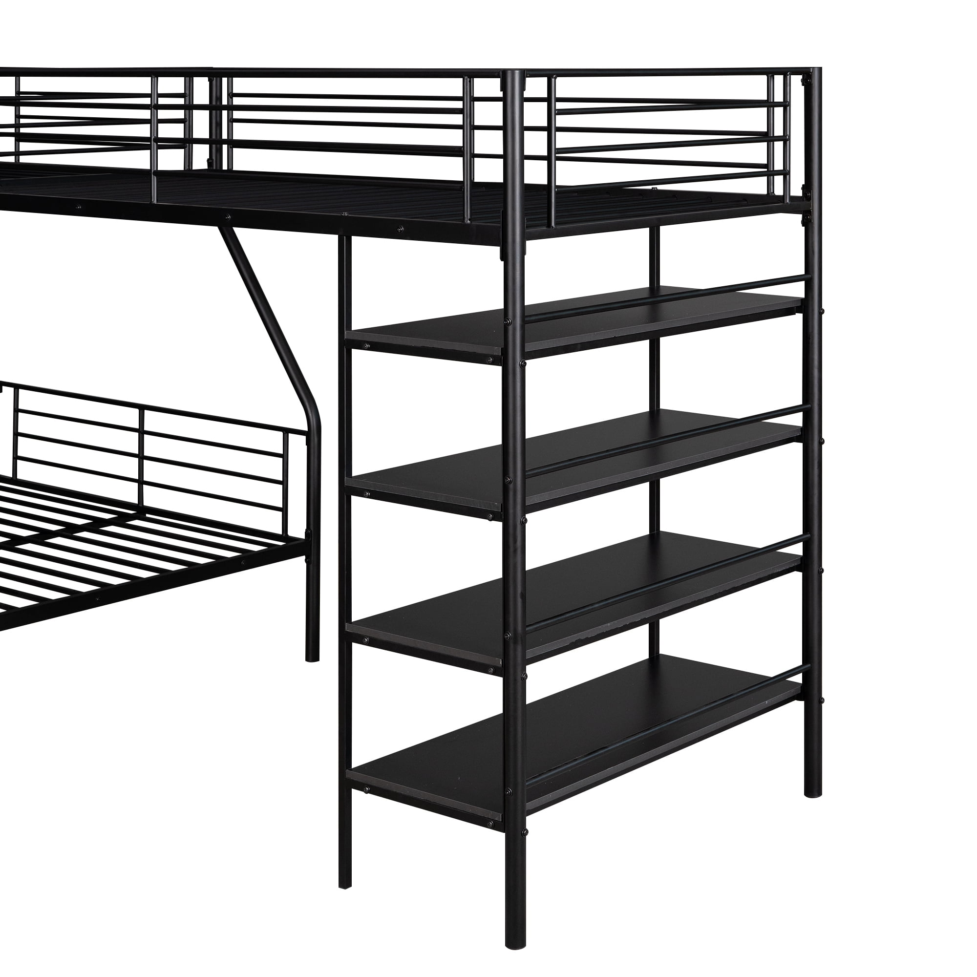 Euroco Metal Twin over Full Bunk and Twin Loft Bed with Four-Tier Shelves for Kids Teens Adults, 3 Beds in 1, Black - Image 7