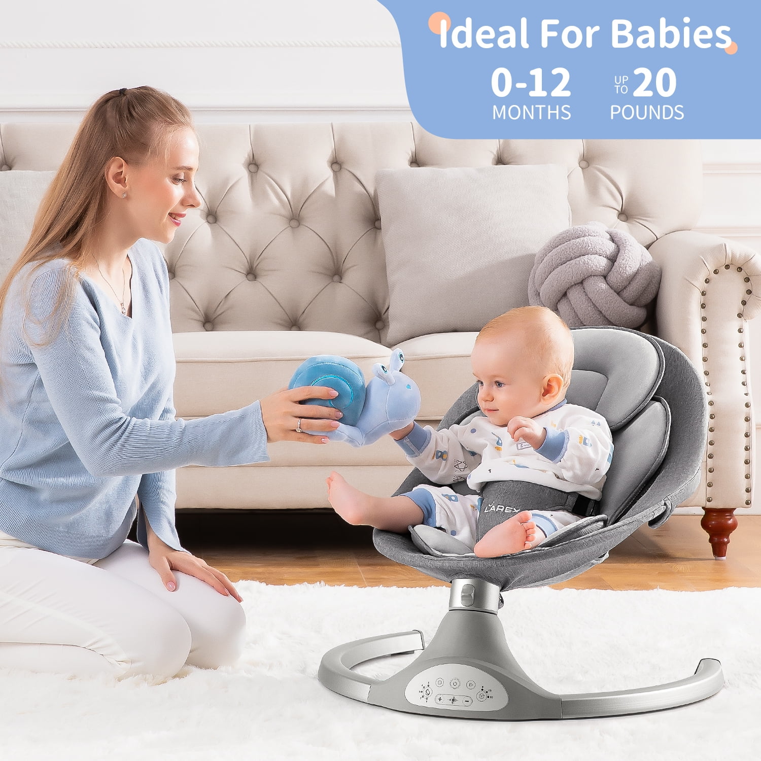 Baby Swing for Infants, Larex Electric Bouncer for Babies, Portable Swing for Baby Boy Girl, Remote Control Indoor Baby Rocker with 5 Sway Speeds, 3 Seat Positions, Music(Gray) - Image 6