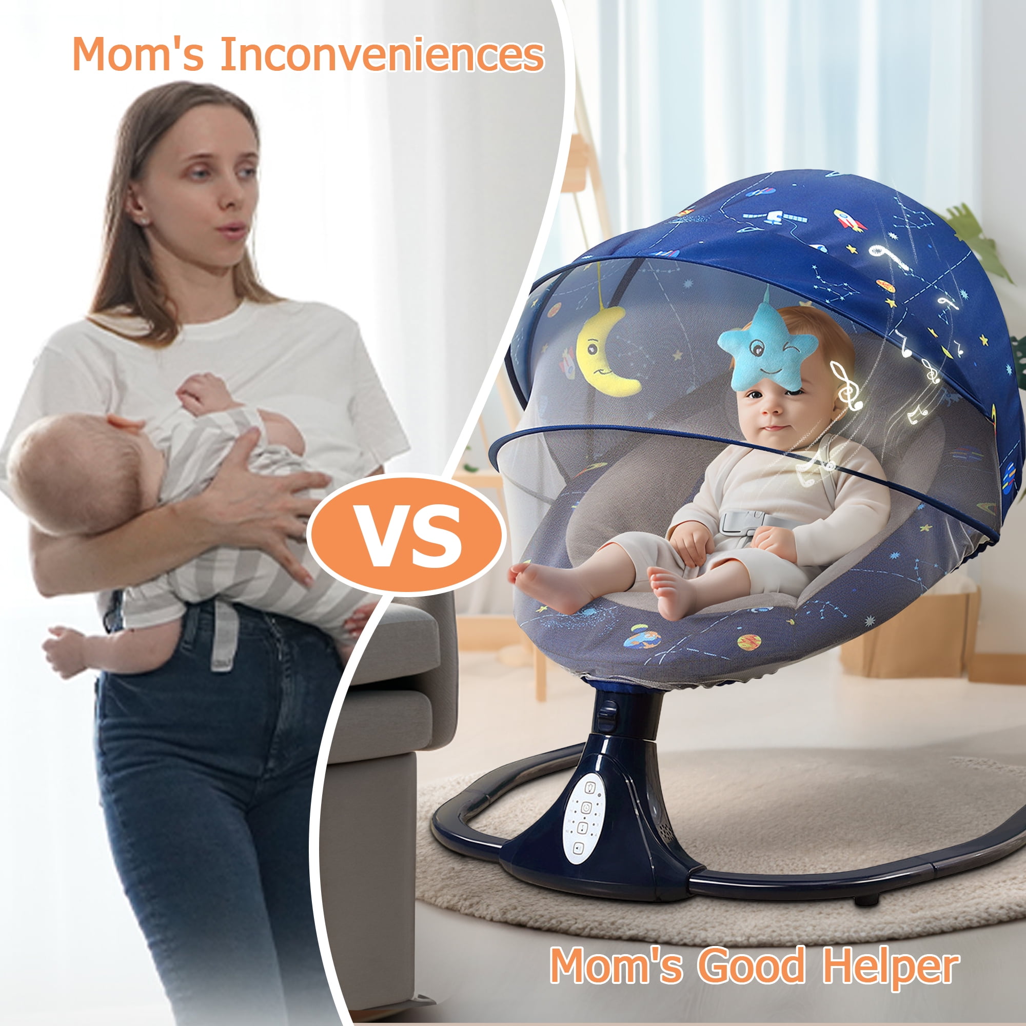 JOJOLAM Electric Baby Swing, Infant Bouncer Chair with Bluetooth Music, 3 Gear Adjustable Seat, 12 Lullabies, 4 Speeds, 4 Timing Set, Blue - Image 5