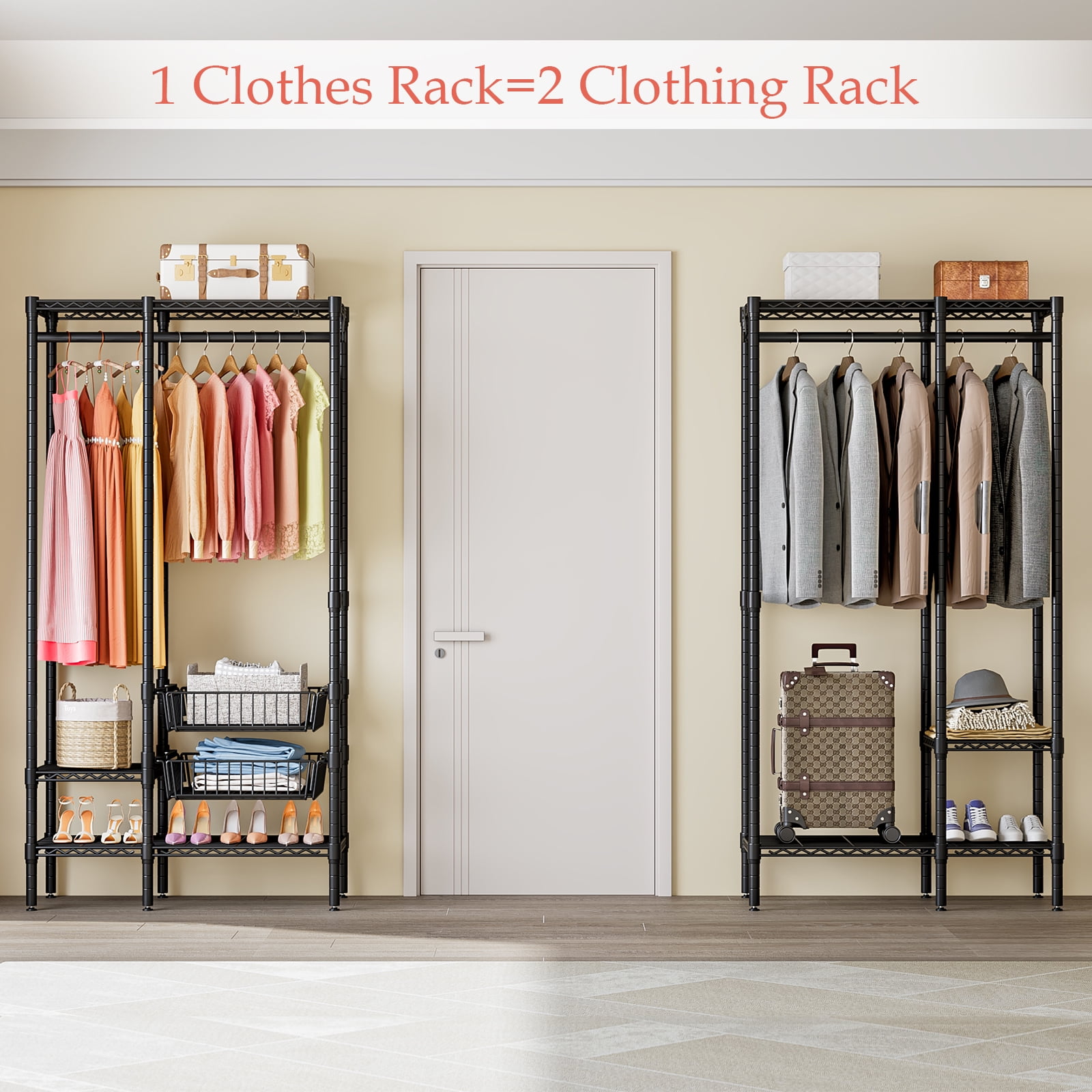 Untyo Clothes Rack Heavy Duty, Metal Clothing Racks for Hanging Clothes, Garment Rack with 4 Hang Rods & 6 Shelves & 2 Pull-Out Storage Baskets, Adjustable Closet Rack - Image 7