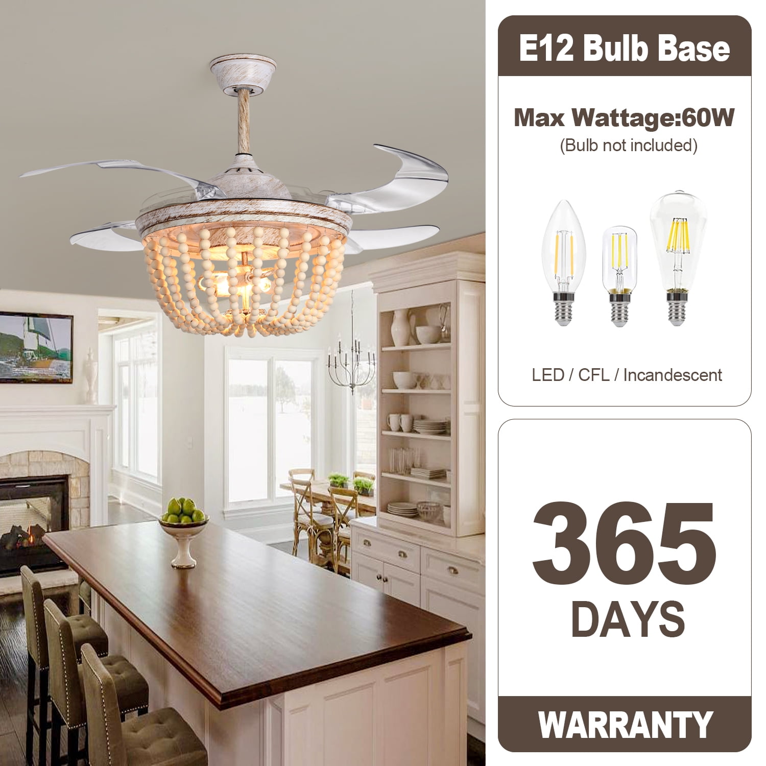 Wood Bead Ceiling Fan with Lights, Boho Chandelier, Reverse Retractable Blades, 42 inch 6-Gear Speed, Remote Control, Timing Function, For Kitchen, Living room, Bedroom (Bulb Not Included) - Image 6