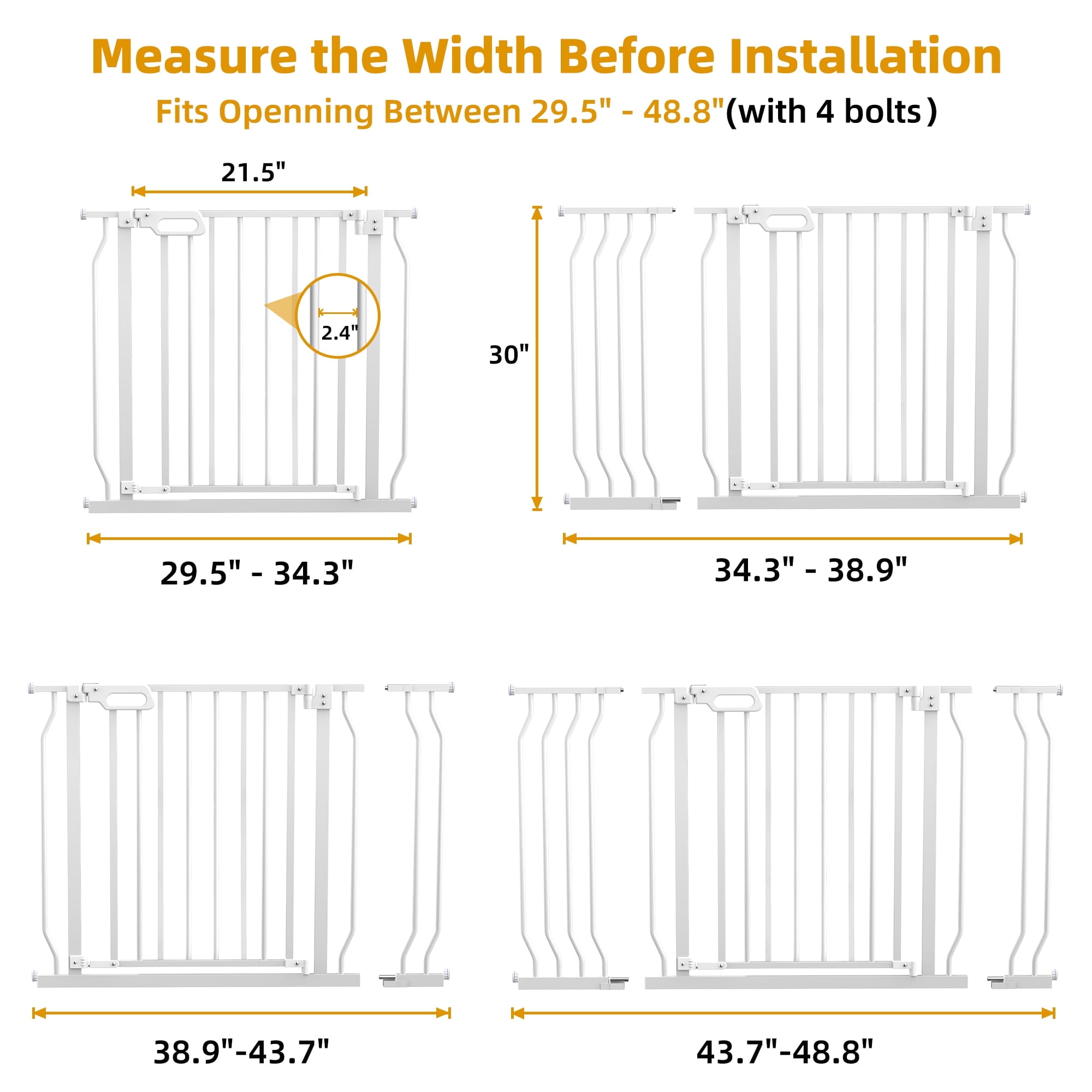 Wisairt Extra Wide Metal Baby Gates,29.5-48.8in Wide Auto Close Dog Safety Gate for Stair and Doorways,Pressure Mounted(White) - Image 4