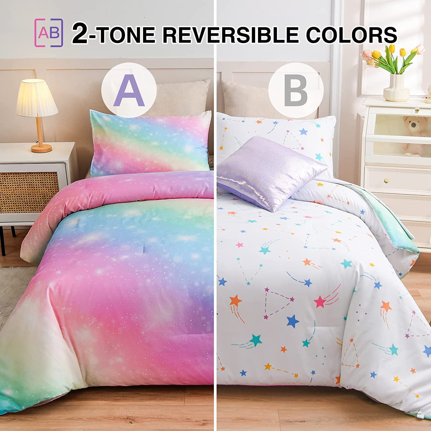 NTBED Gradient Glitter Bedding Set for Girls Twin Size Colorful Rainbow Galaxy Comforter Set Pink 6Pcs Bed in a Bag - Image 3