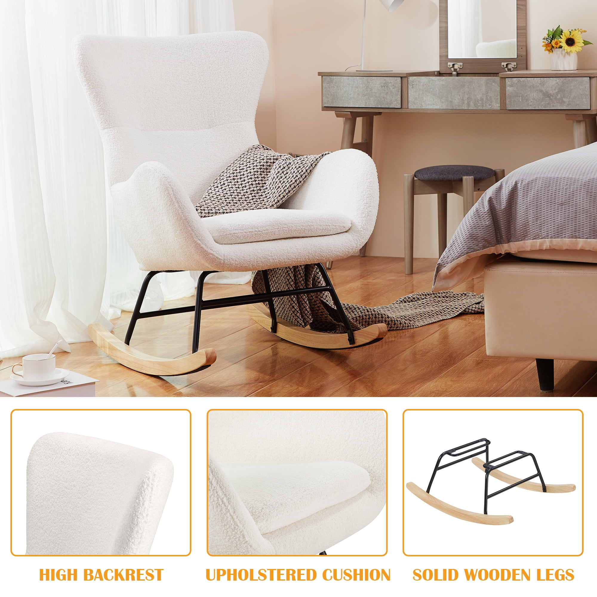 TrumanPick Nursery Rocking Chair, Upholstered Glider Arm Chair Accent Chair with High Wingback for Living Room Baby Bedroom, Teddy Fabric, Ivory White - Image 7