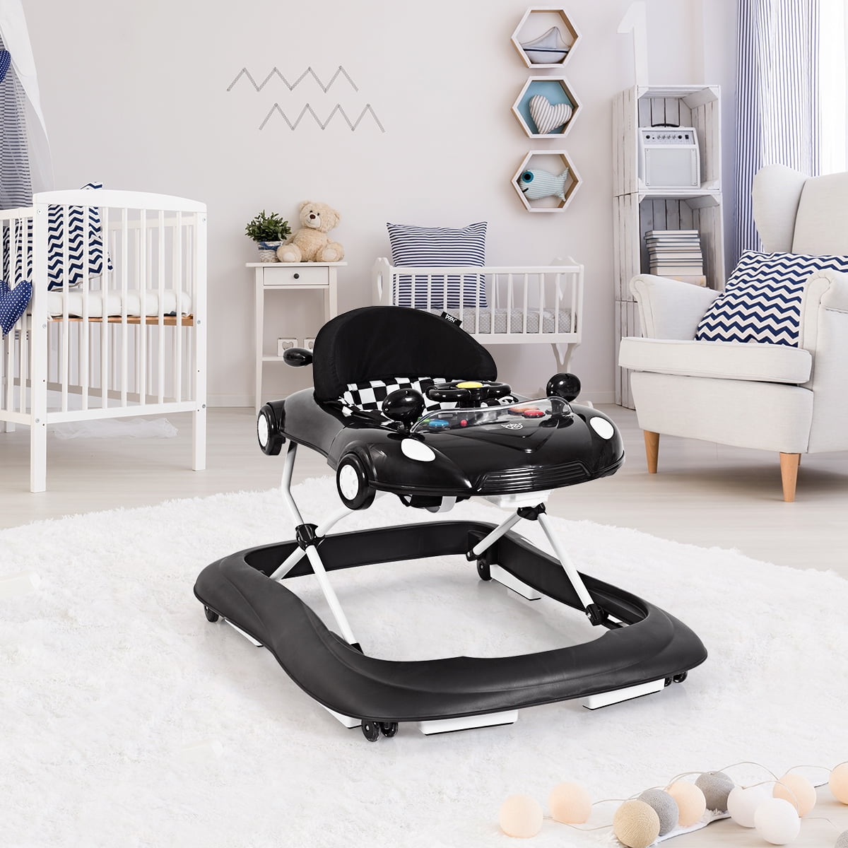 Costway 2-in-1 Foldable Baby Walker w/ Adjustable Heights & Music Player & Lights Black - Image 11