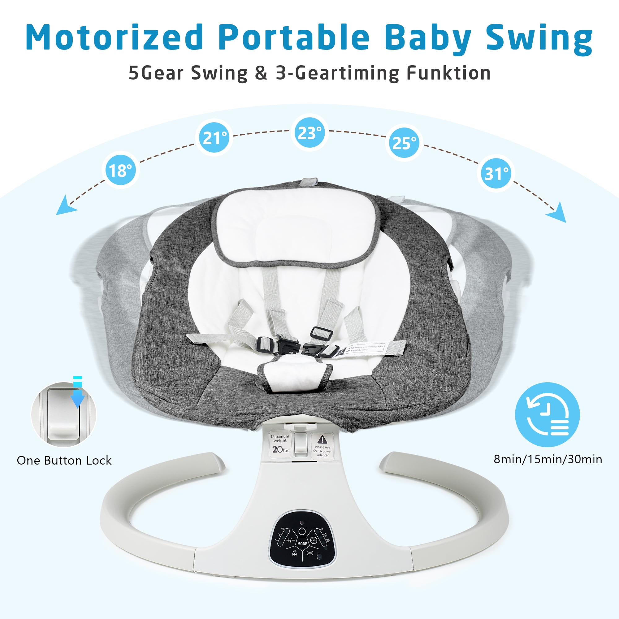 SACVON Baby Swing for Infants, Baby Rocker with 5 Point Harness, Bluetooth Support, 8 Preset Lullabies, 3 Speed Natural, with Remote Control and 2 Hanging Toys, Dark Gray - Image 7