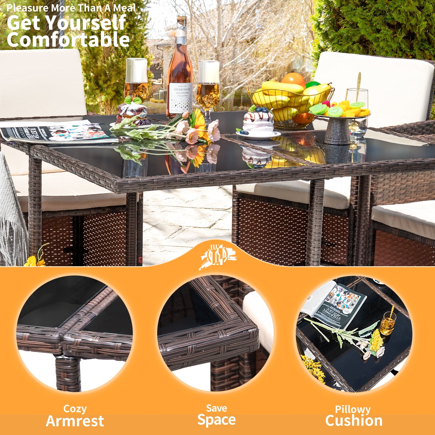 Lacoo 9 Pieces Patio Dining Sets Tempered Glass Table Cushioned Chairs with Ottoman 8 Seating Capacity, Beige - Image 5