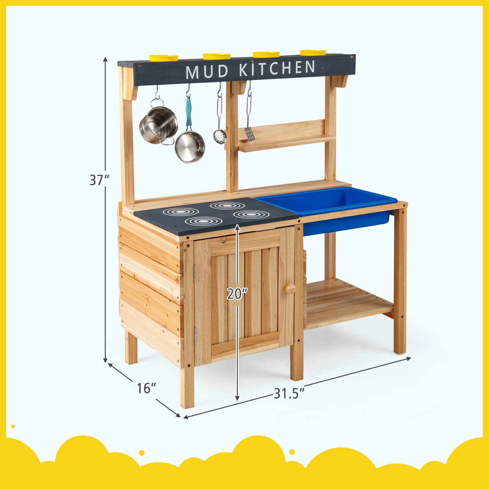 Costway Kids Kitchen Playset Wooden Outdoor Mud Kitchen Pretend Play Toy W/ Kitchenware - Image 6