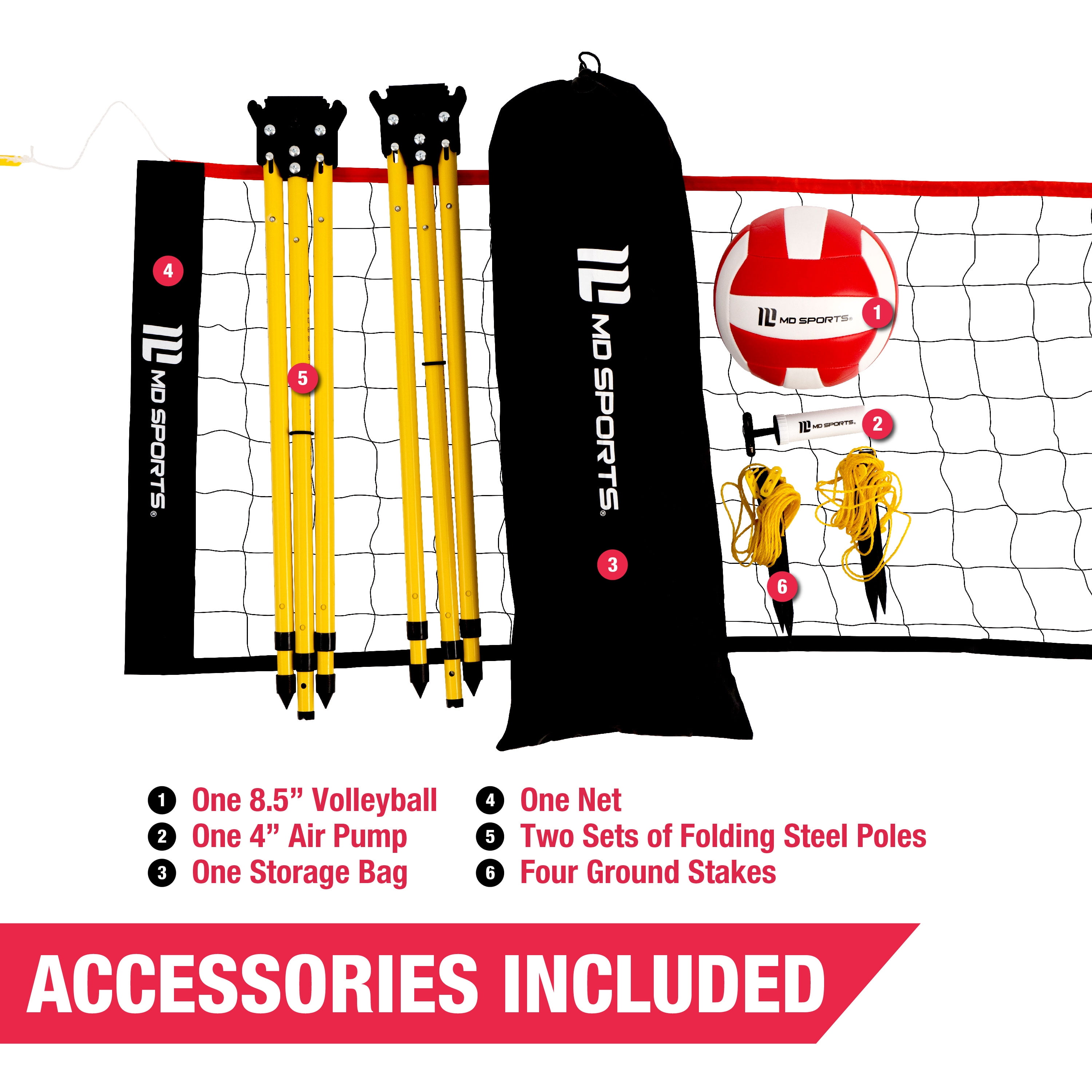 30 ft Volleyball Set, Quick Assembly, Official Size Net with Adjustable Height, Steel Poles, Ball Included, by MD Sports - Image 6