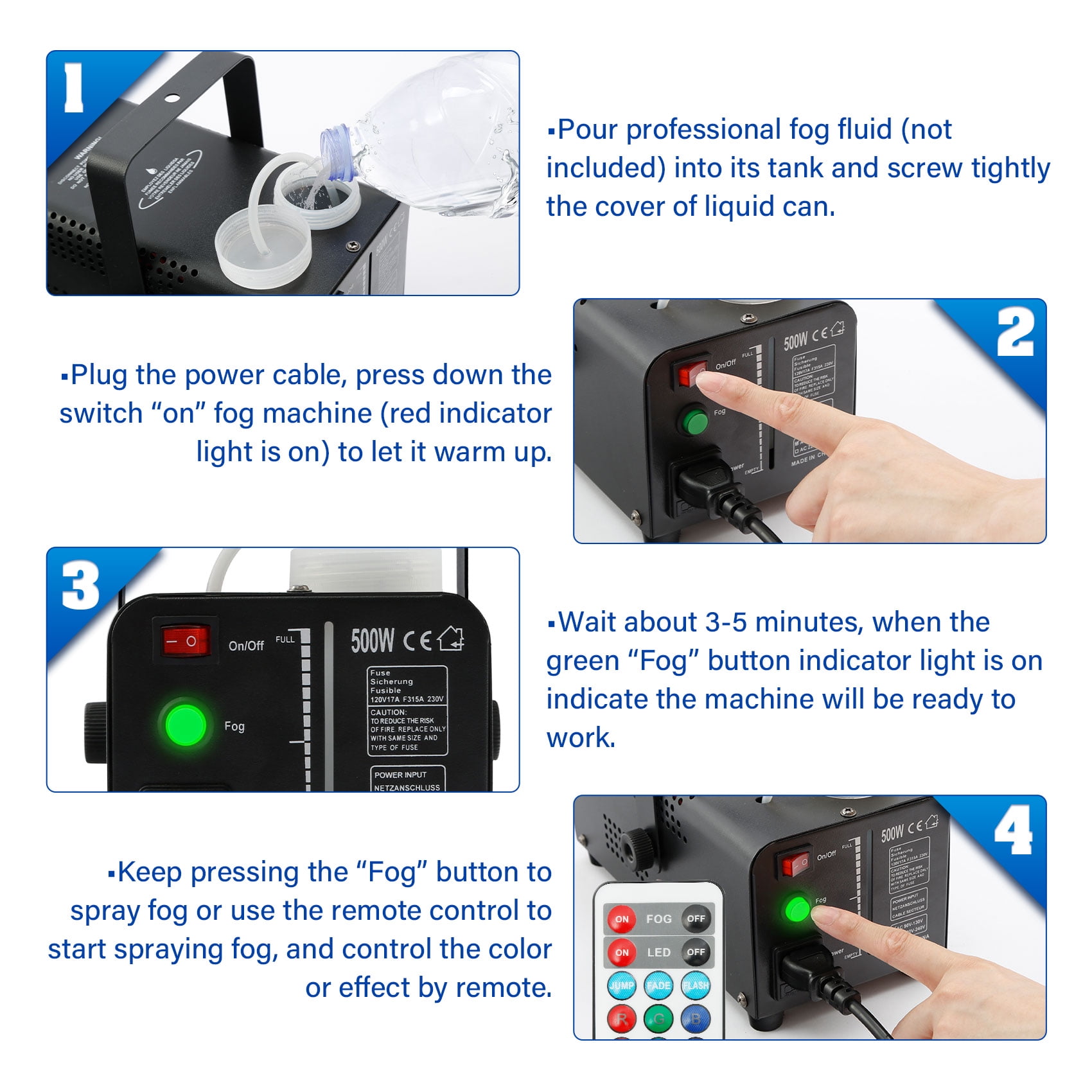 TCFUNDY 500W Fog Machine w/ LED RGB 9IN1 Fogger Smoke Maker with Wireless Remote Controller - Image 7
