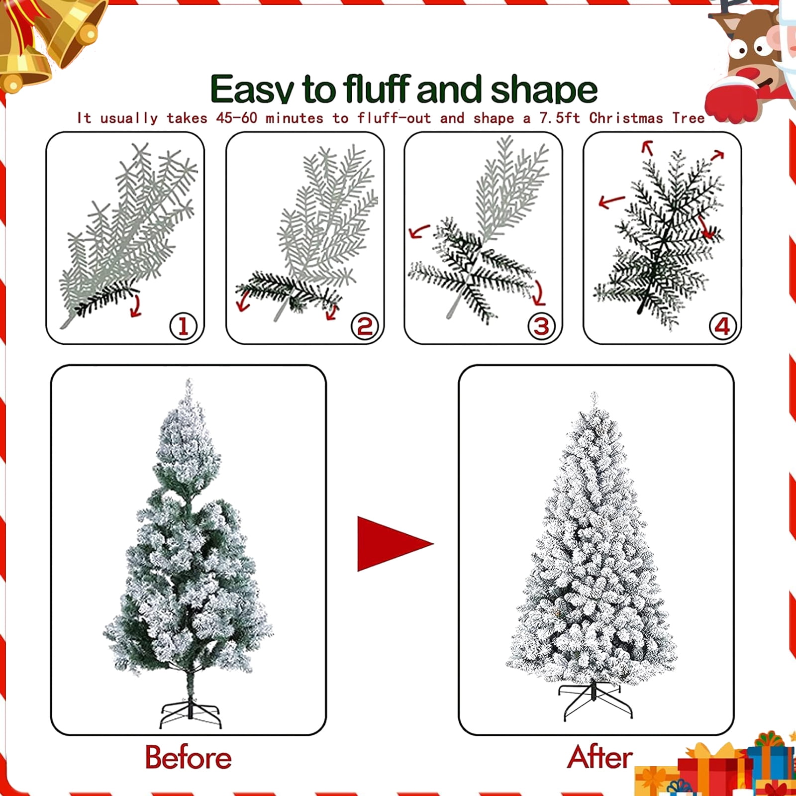 SUGIFT 6ft White Artificial Frosted Christmas Tree, Premium Holiday Pine Branches, Foldable Metal Base w/ 1000 Tips 250 Warm-White, Christmas Decor - Image 4