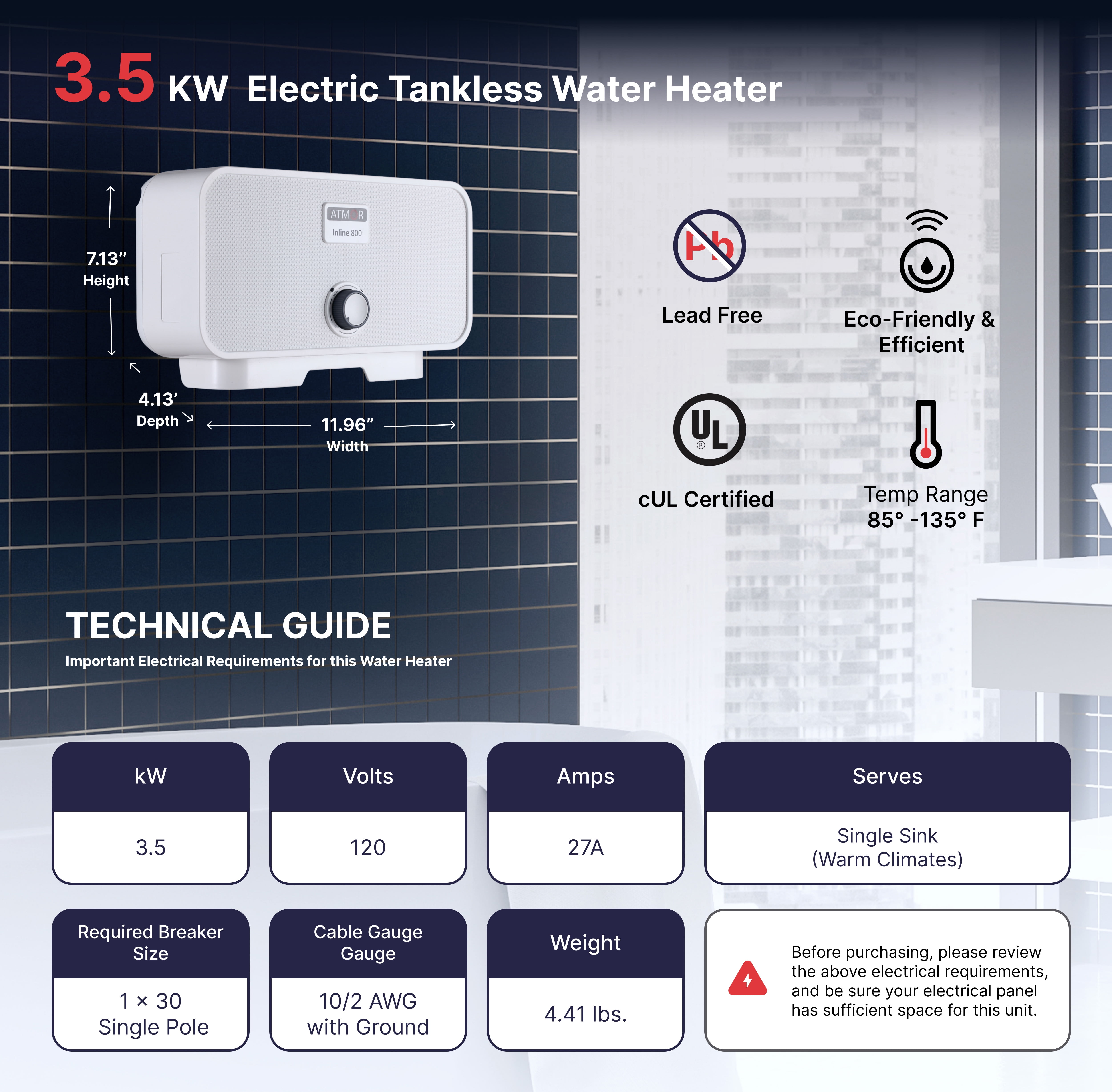 Atmor 3.5kW/120V 0.5 GPM Point-Of-Use Electric Tankless Water Heater Includes Pressure Relief Device 1-Sink - Image 8
