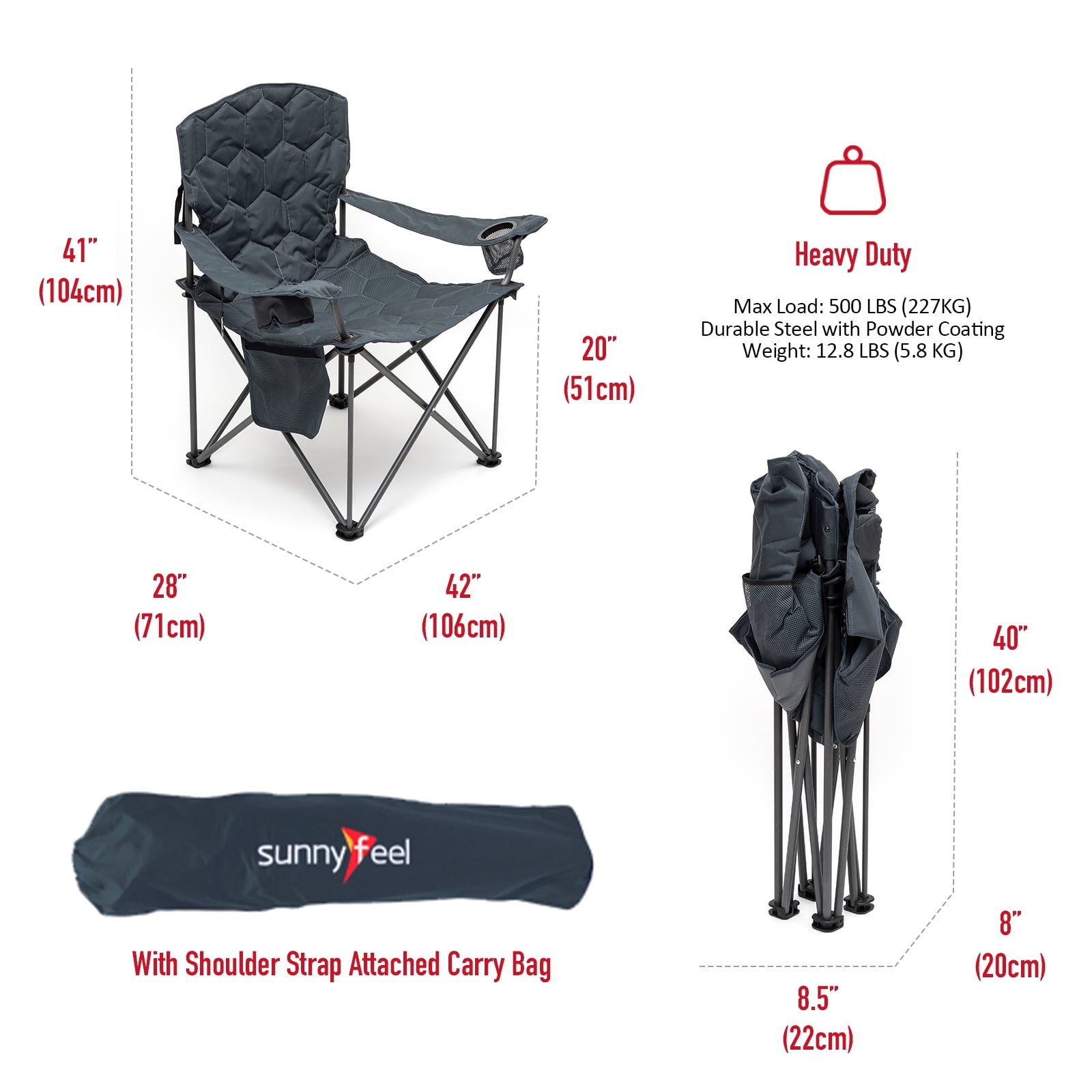 Sunnyfeel XXL Oversized Padded Camping Chair, Heavy Duty 500 LBS, Ideal for Tall People Above 6'4, Grey - Image 4