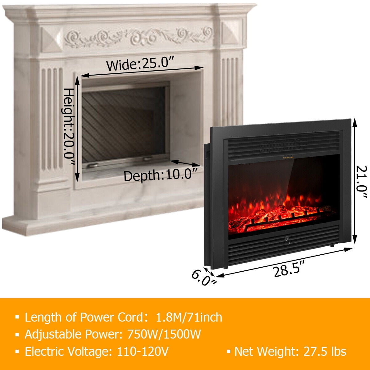 Topbuy 750/1500W Electric Fireplace Heater Adjustable Temperature &Luminance - Image 6