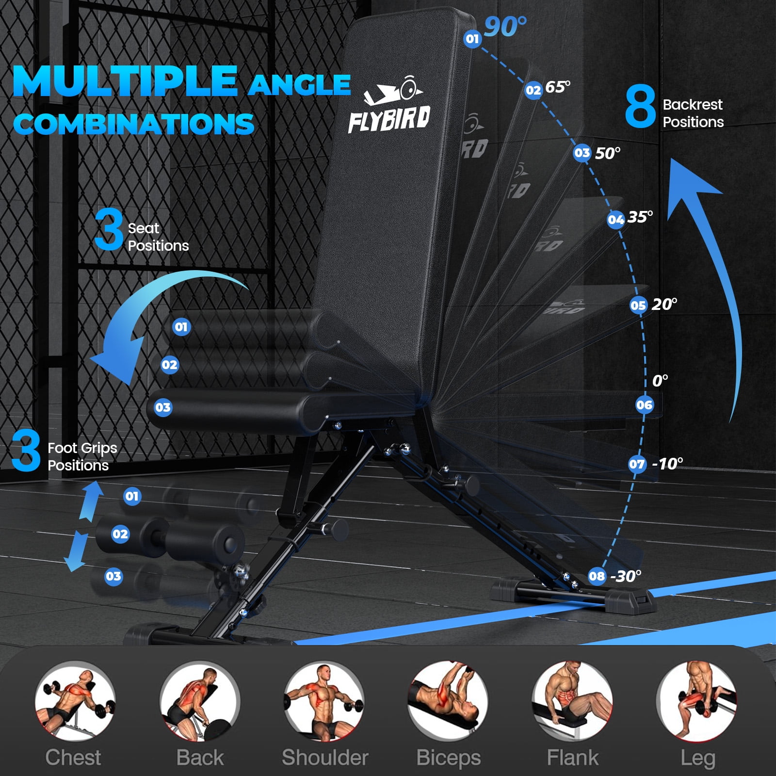 Flybird Collapsible Adjustable Weight Bench - Heavy Duty Foldable Fitness Exercise Utility, with 800 Lbs. Weight Capacity, Black - Image 6