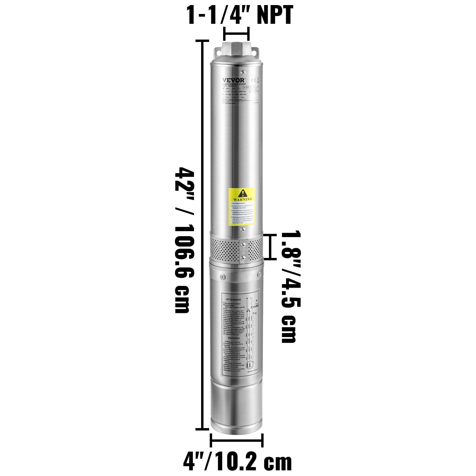 VEVORDeep Well Submersible Pump, 2HP/1500W 230V/60Hz, 37GPM Flow 427 ft Head, with 33 ft Electric Cord, 4 inch Stainless Steel Water Pumps for Industrial, Irrigation & Home Use, IP68 Waterproof Grade - Image 7