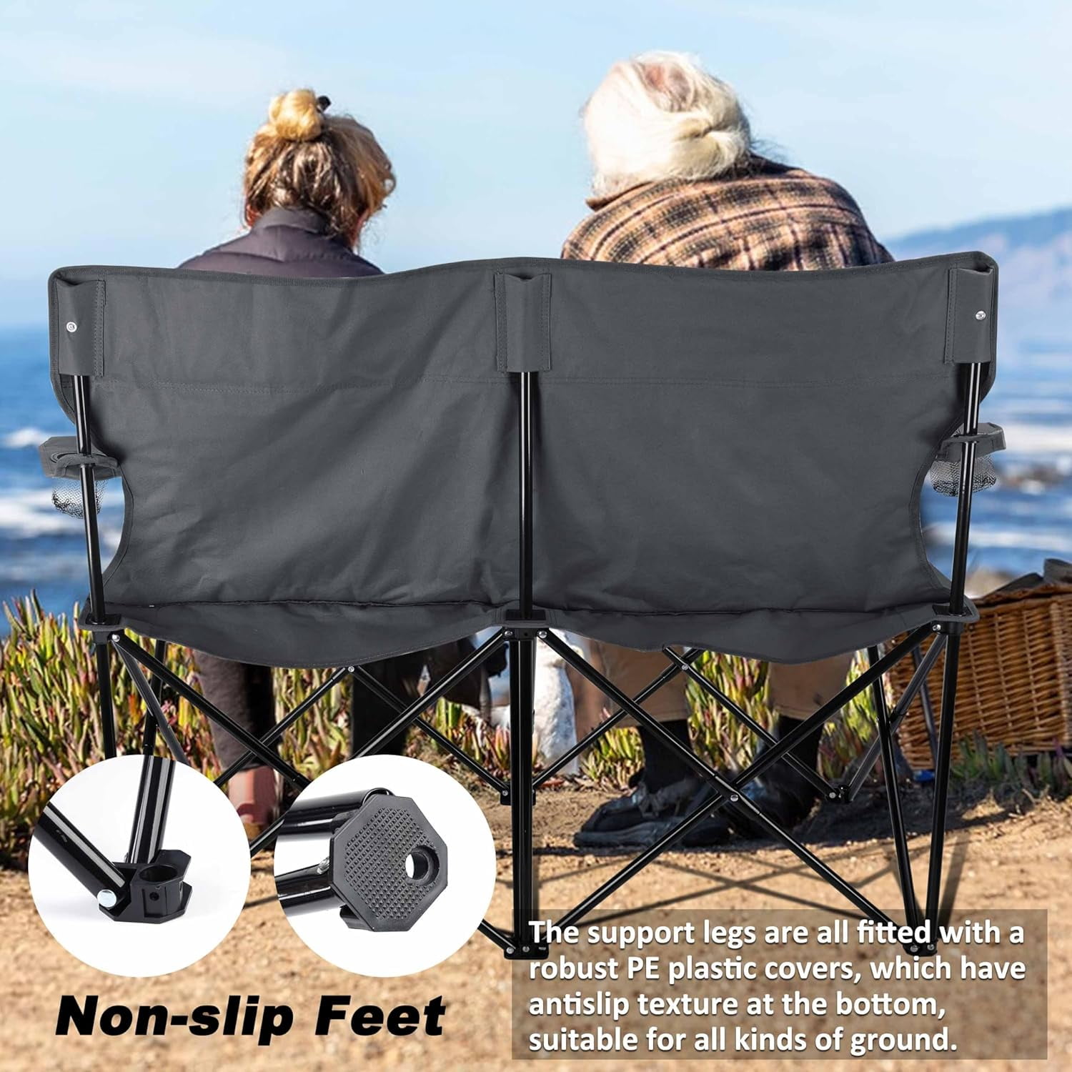 Double Camping Chair, Outdoor Folding Loveseat Chair Supports 500 LBS, Portable Oversized Lawn Chair with Cup Holders for Backpacking Hiking Picnic, Sturdy Steel Frame & 600D Oxford Fabric - Image 10