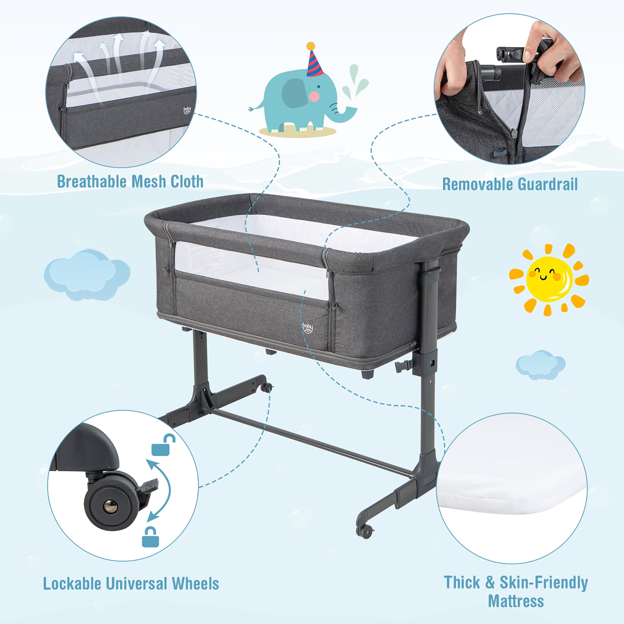 Costway 3 in 1 Baby Bassinet & Bedside Sleeper with Mattress Adjustable Portable Playard - Image 6
