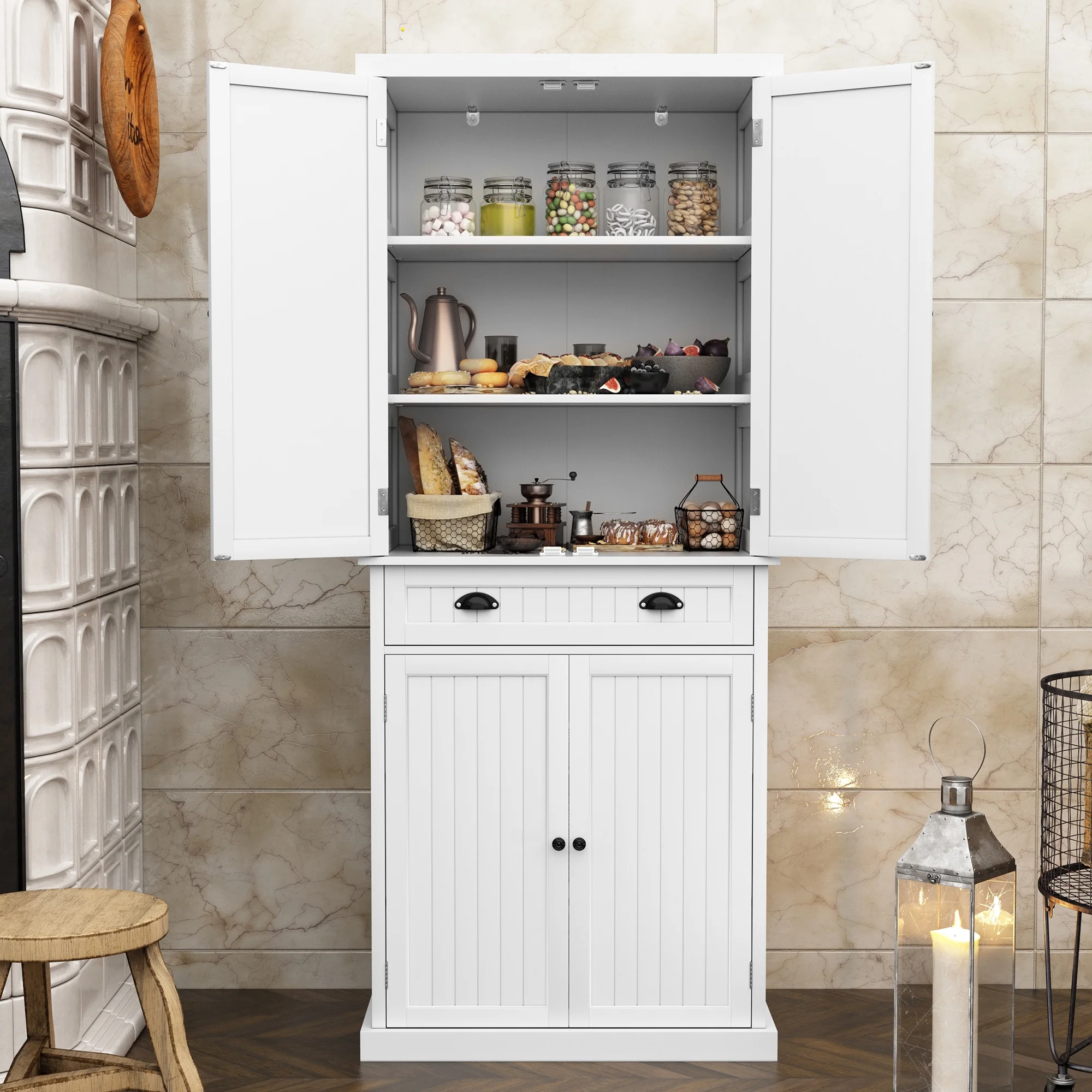 "HLR 72"" Tall Kitchen Pantry Storage Cabinet with Adjustable Shelves and Drawer, White" - Image 3
