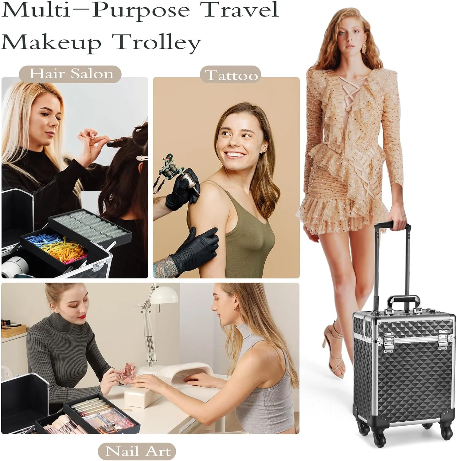 Joligrace Rolling Makeup Case Large Makeup Box Organizer Cosmetic Trolley - Image 3