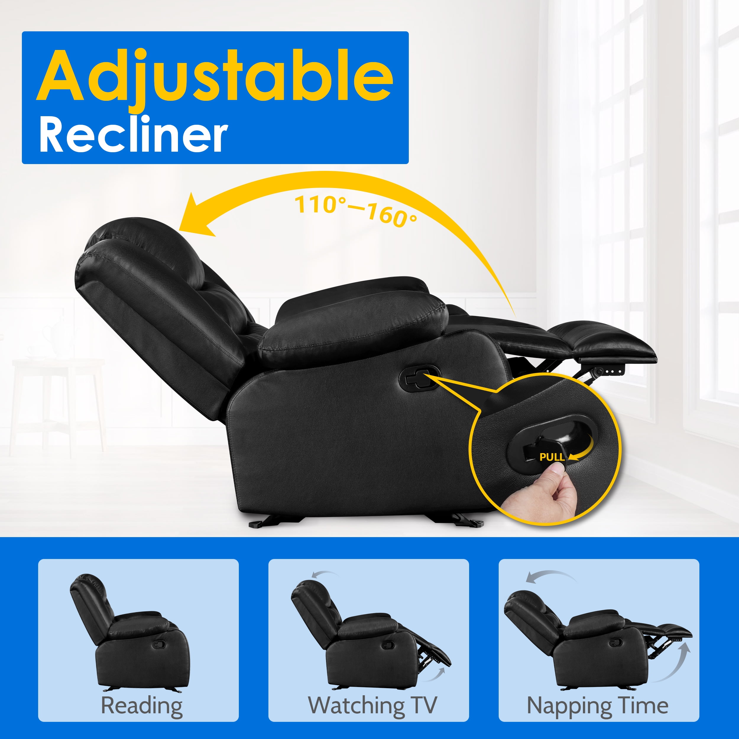 TrumanPick Recliner Chairs for Audlts, PU Leather Rocker Recliners Small Spaces Sleeper Sofa Chair for Living Room, Black - Image 8