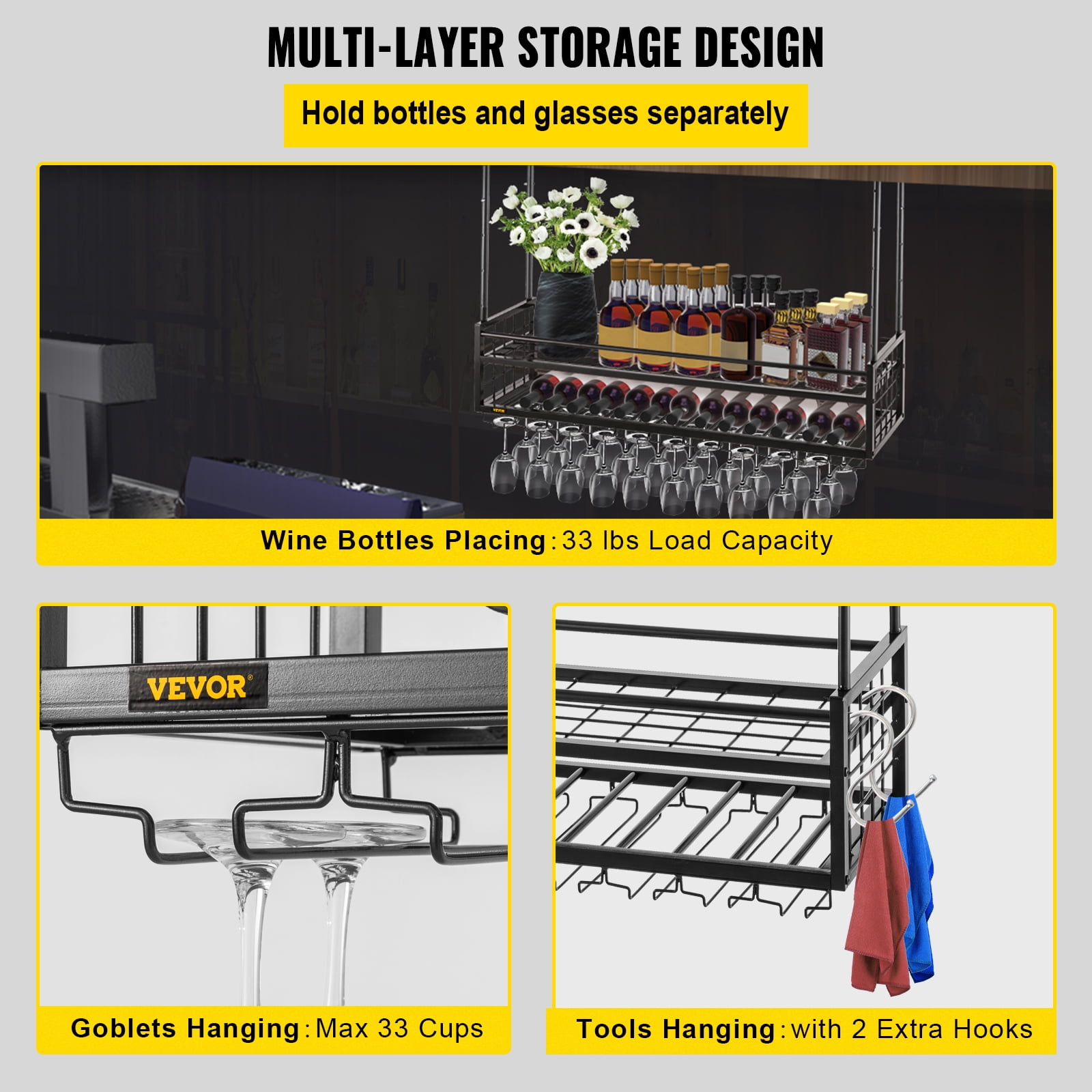 VEVOR Ceiling Wine Glass Rack, 46.9 x 11.8 inch Hanging Wine Glass Rack, 18.9-35.8 inch Height Adjustable Hanging Wine Rack Cabinet, Black Wall-Mounted Wine Glass Rack Perfect for Bar Cafe Kitchen - Image 8