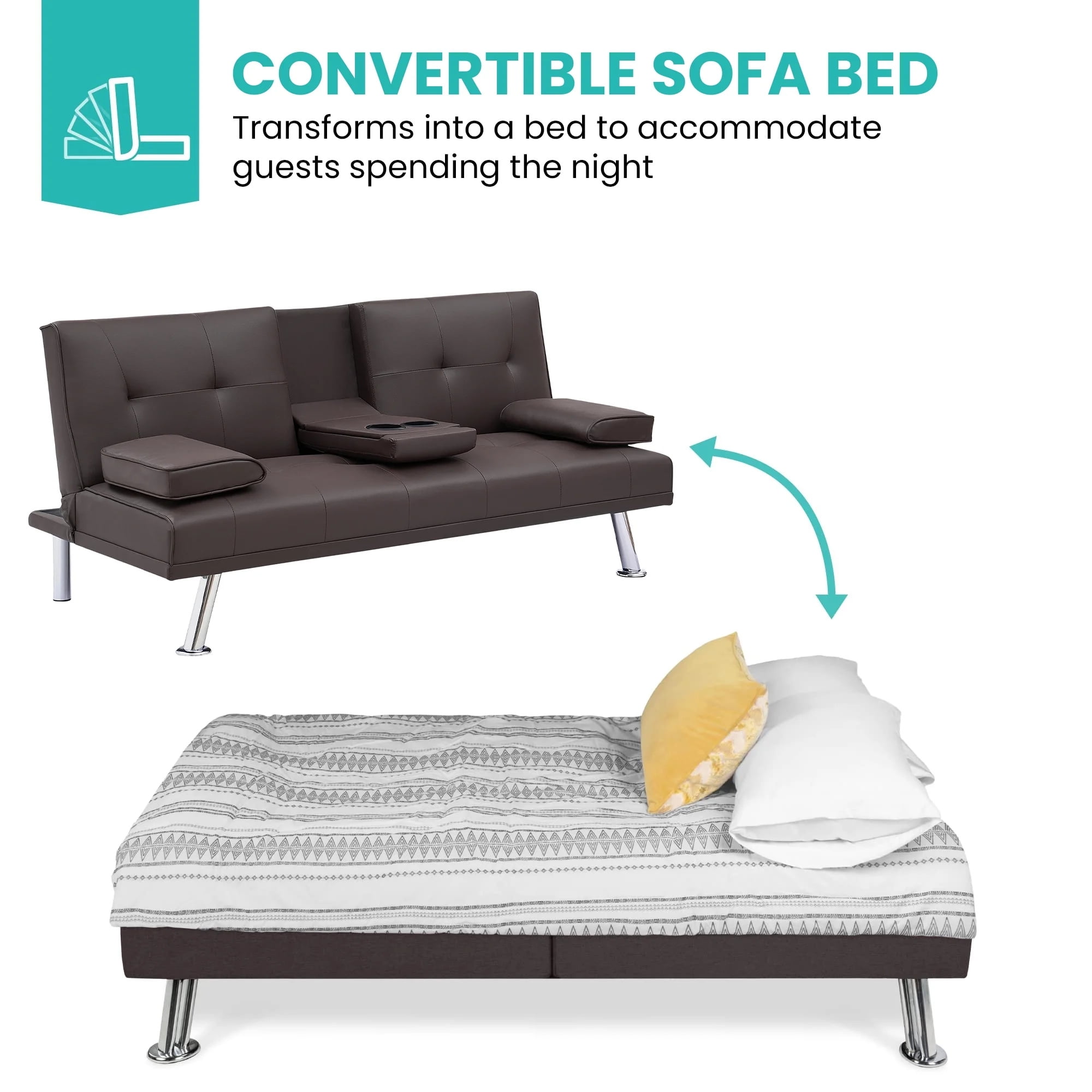 Aukfa Leather Futon Sofa Bed Modern Convertible Couch Folding Chaise with 2 Cup Holders, Brown - Image 14