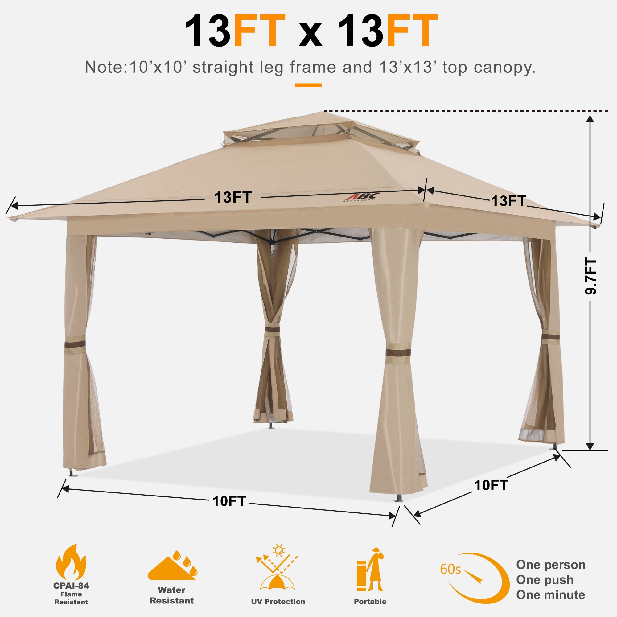 ABCCANOPY 13'x13' Gazebo Tent Outdoor Pop up Gazebo Canopy Shelter with Mosquito Netting, Khaki - Image 8