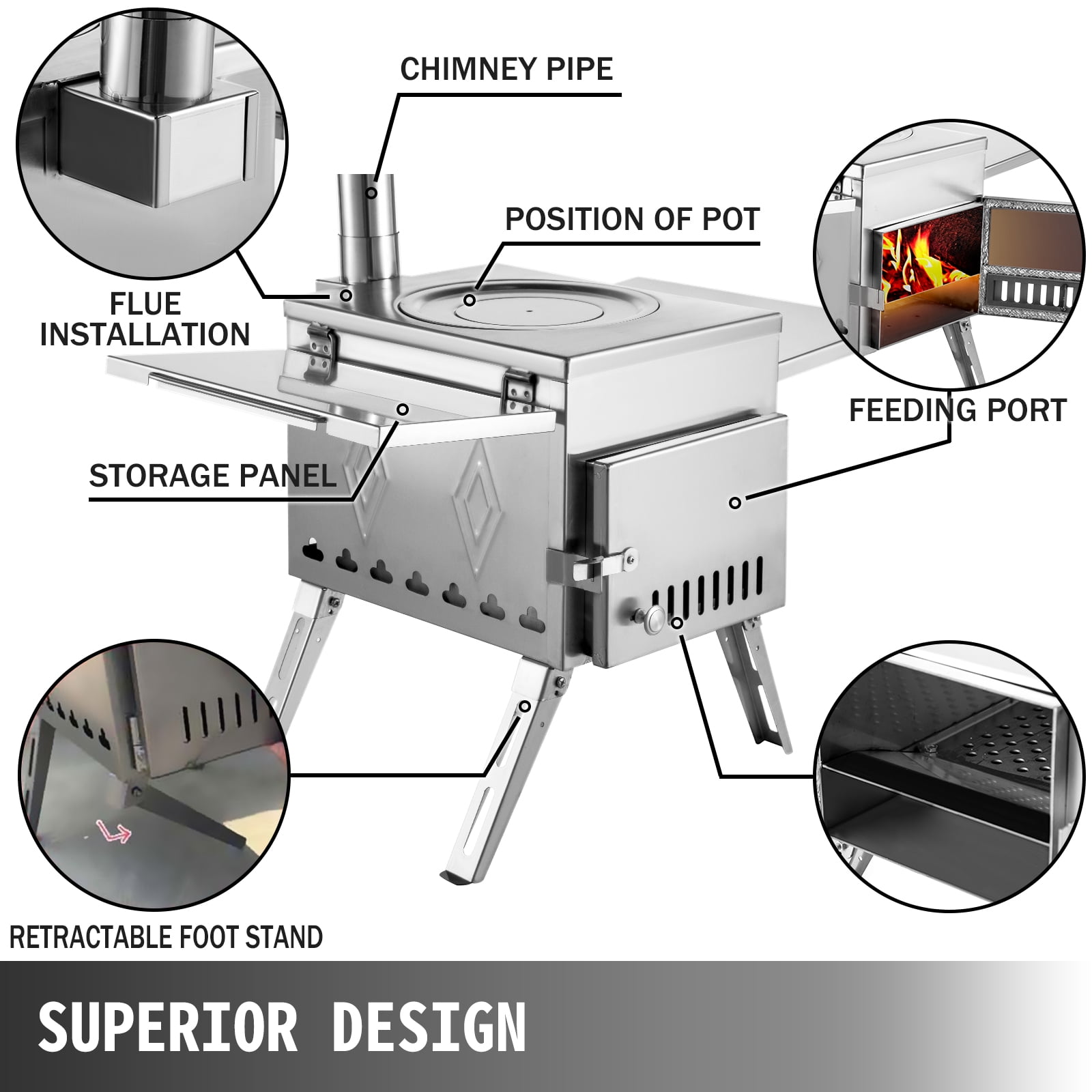 VEVOR Tent Wood Stove 17.5x14.7x10.6 inch, Camping Wood Stove 304 Stainless Steel with Folding Pipe, Portable Wood Stove 95.7 inch Total Height for Camping, Tent Heating, Hunting, Outdoor Cooking - Image 6