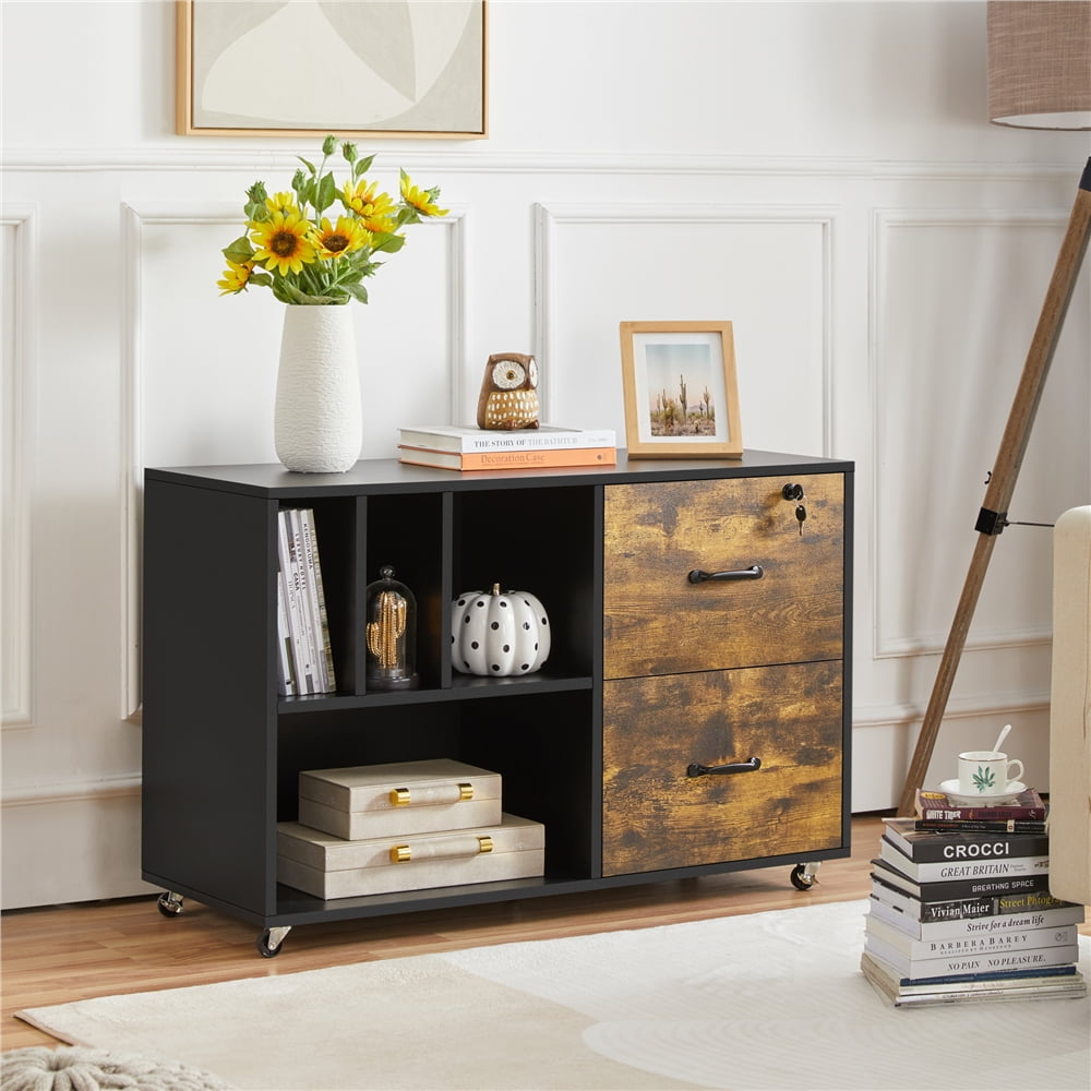 Alden Design Designs Rolling File Cabinet with 2 Drawers and Open Shelving, Rustic Brown - Image 5