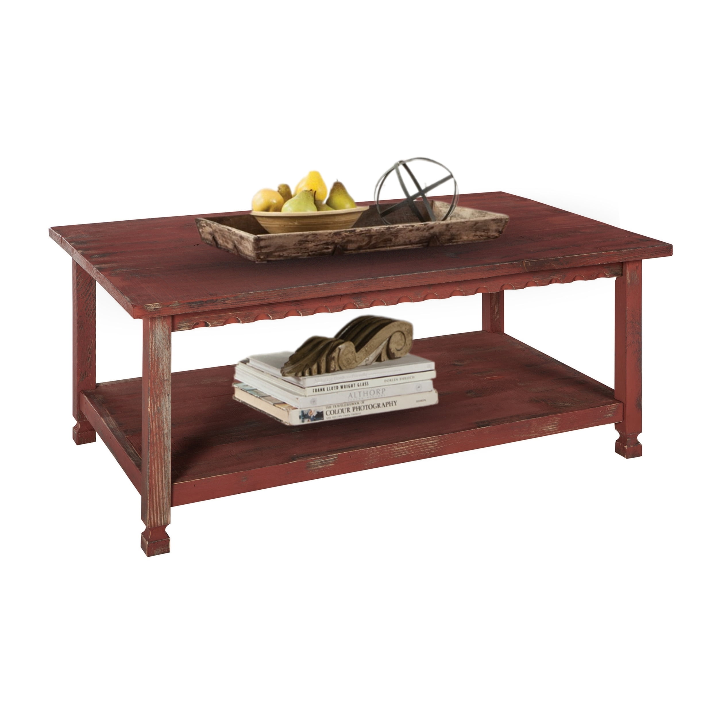 Alaterre Furniture Country Cottage 42" Rustic Rectangular Coffee Table, Solid Wood Living Room Furniture, Red Antique Finish - Image 11
