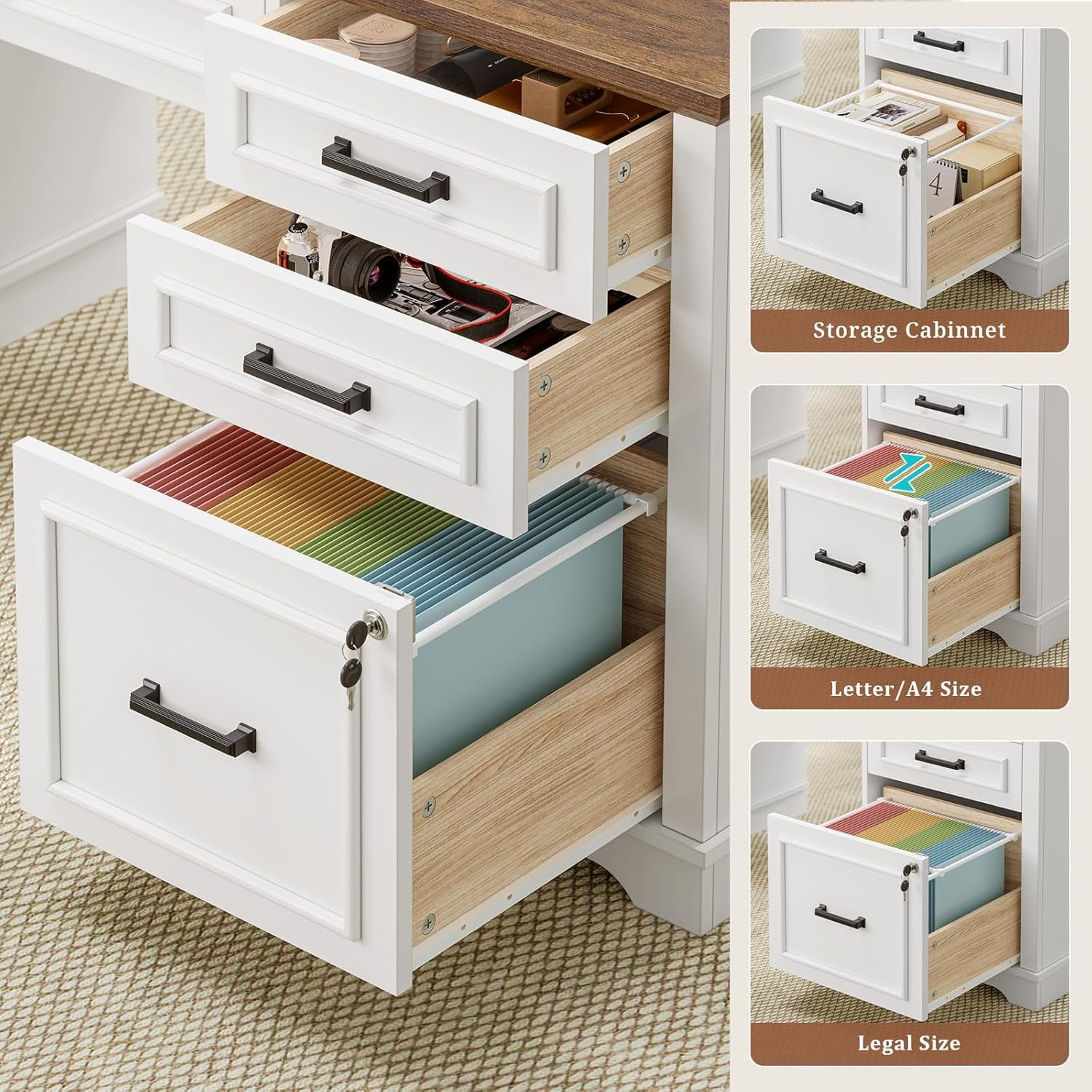 60'' Farmhouse Executive Desk with Drawers, Computer Desk with Power Outlet and LED Lights for Home, Office, White - Image 6